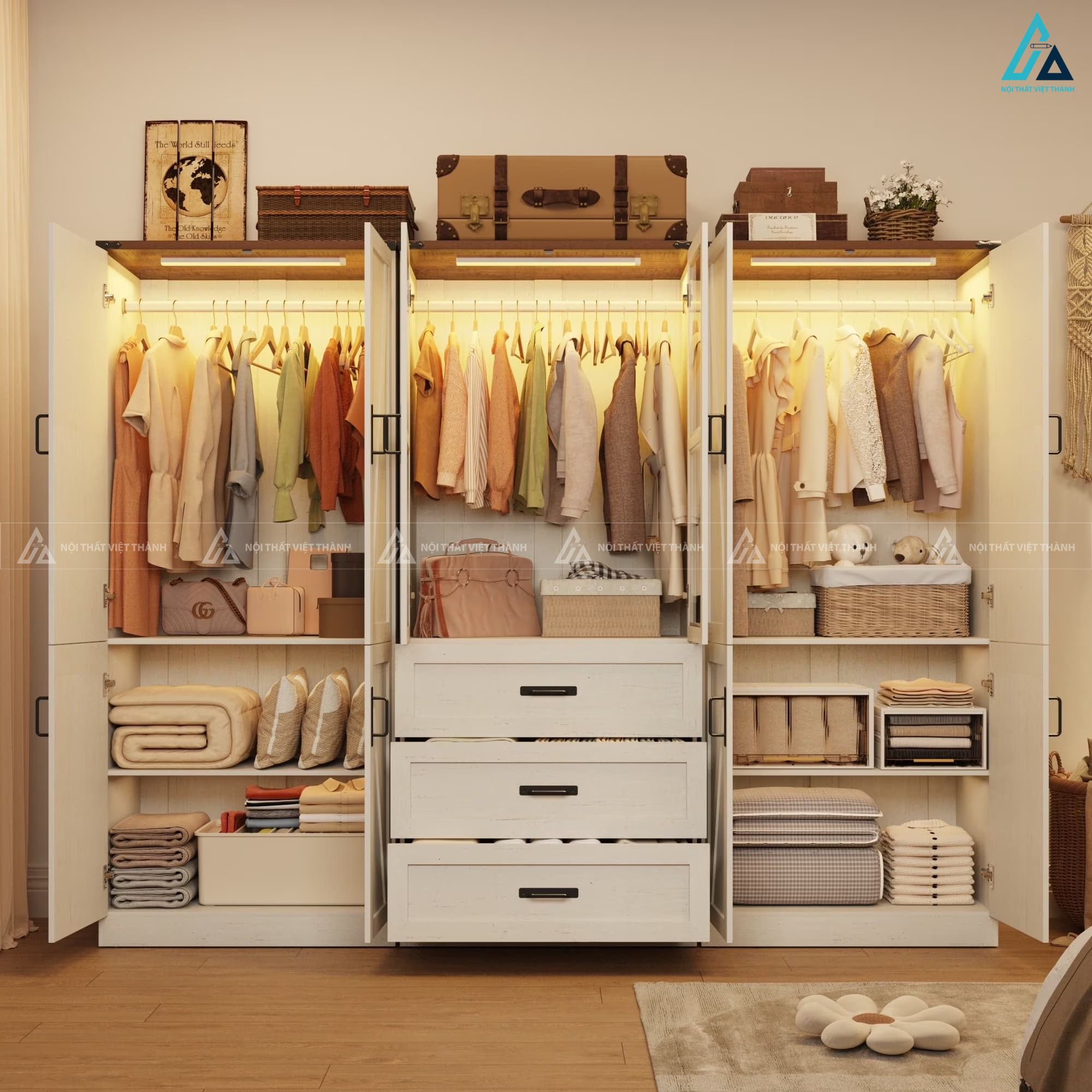 Mẫu tủ quần áo gỗ công nghiệp lớn tích hợp đèn led thông minh