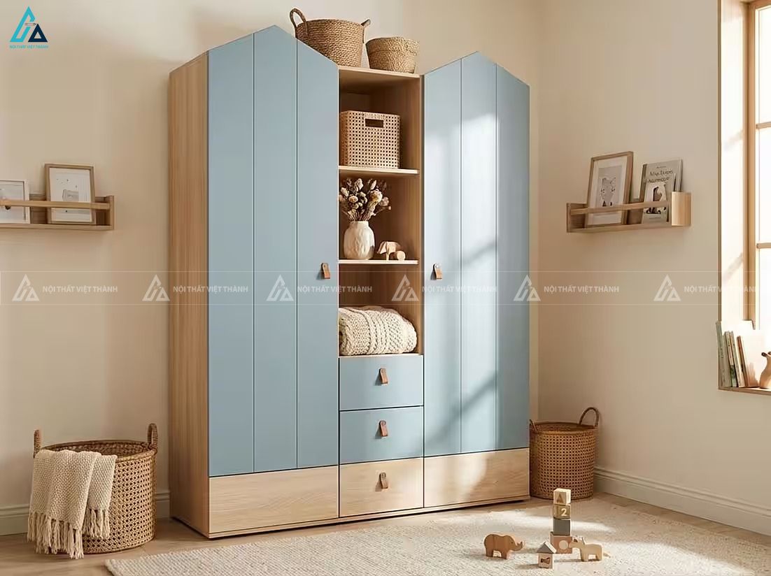 Tủ quần áo gỗ công nghiệp màu xanh kết hợp kệ trang trí đa năng