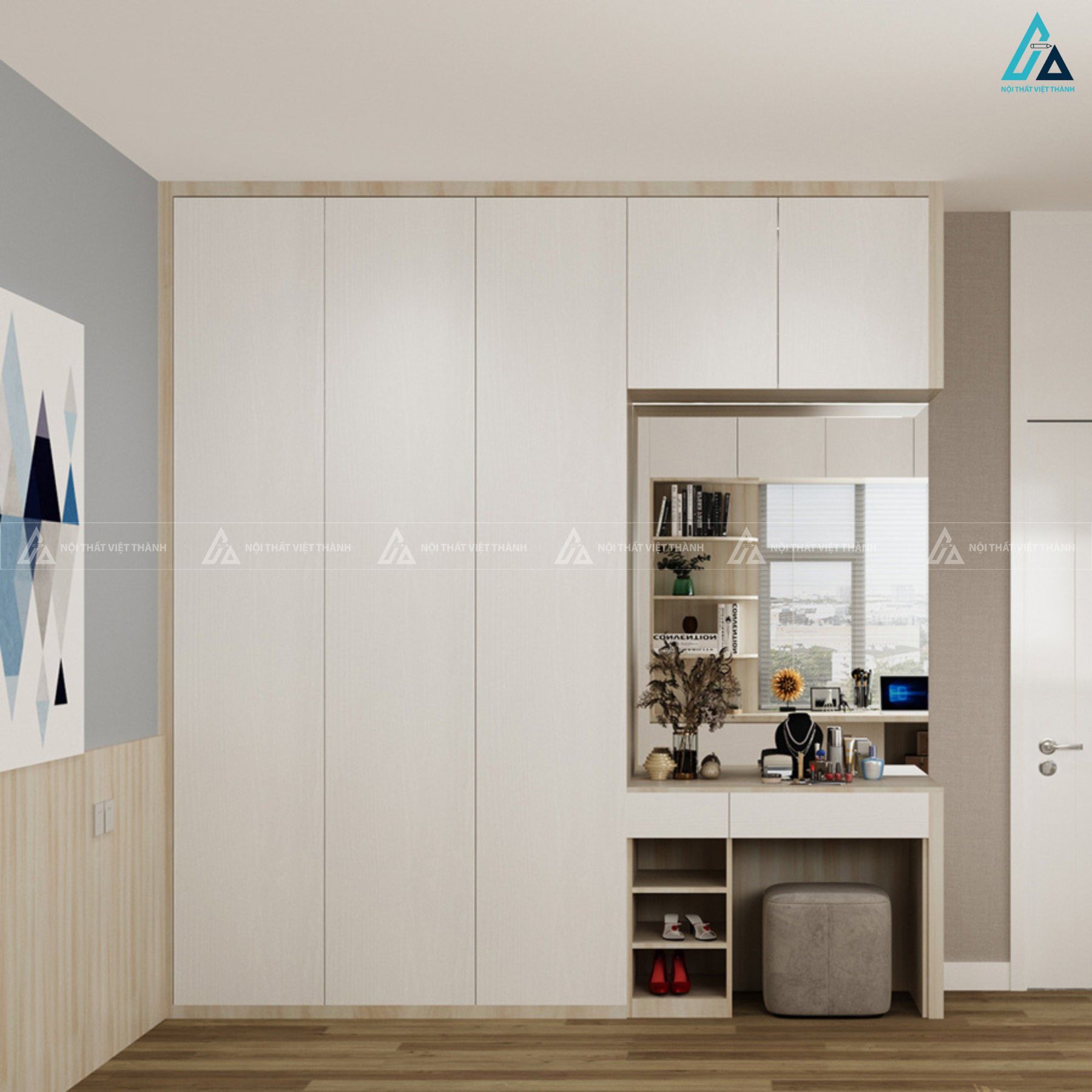 Thiết kế tủ quần áo MDF chống ẩm kịch trần kết hợp bàn trang điểm