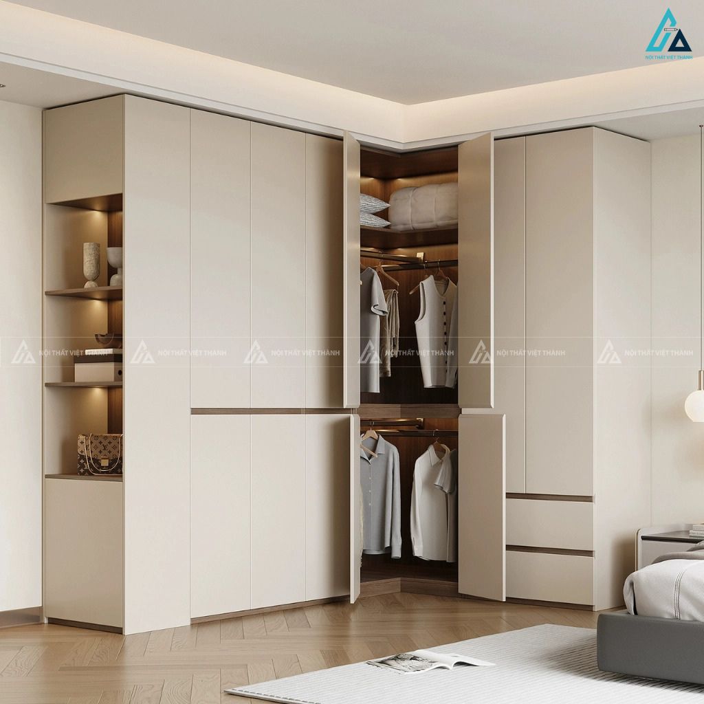 Mẫu tủ quần áo gỗ công nghiệp kịch trần bo góc chữ L tiện nghi 1