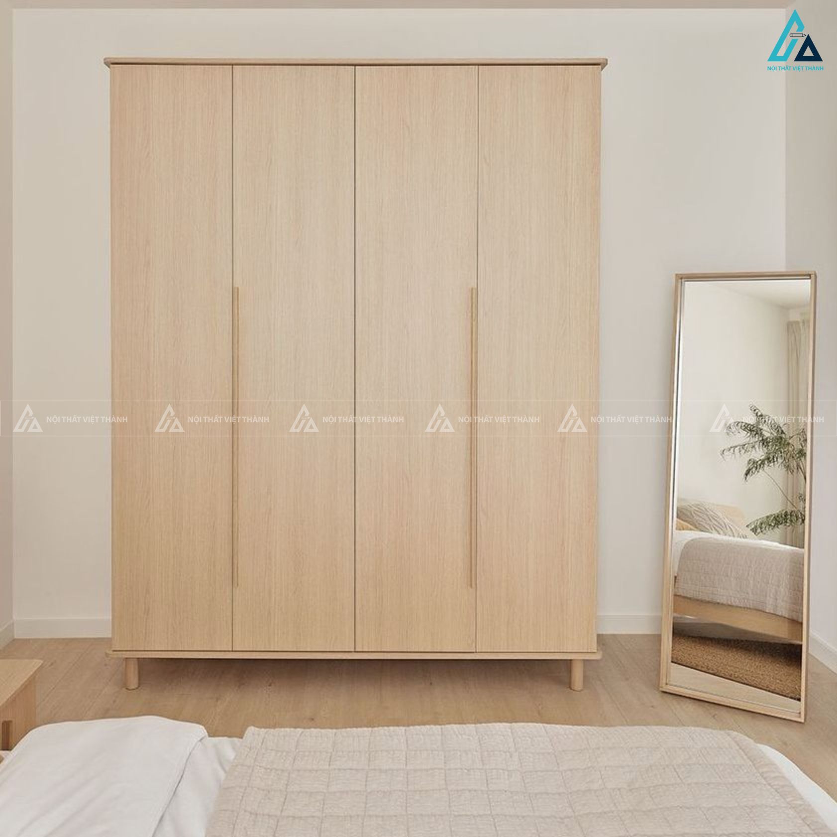 Thiết kế tủ quần áo gỗ MDF chống ẩm bốn cánh mở chân cao 2