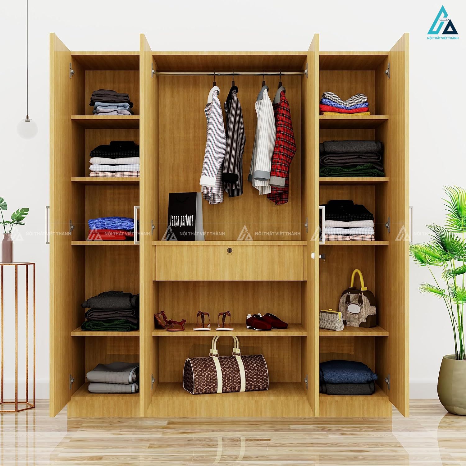 Mẫu tủ quần áo gỗ công nghiệp 4 cánh lớn tối ưu không gian lưu trữ