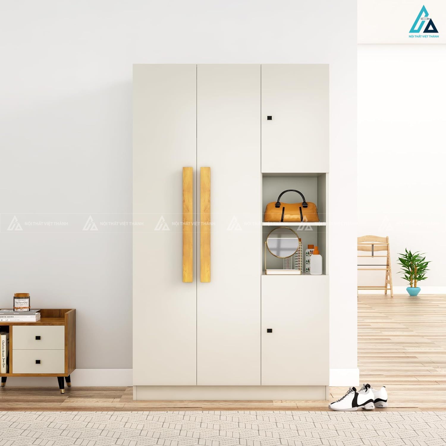 Tủ quần áo MDF phủ melamine màu trắng kem tích hợp kệ trang trí 3