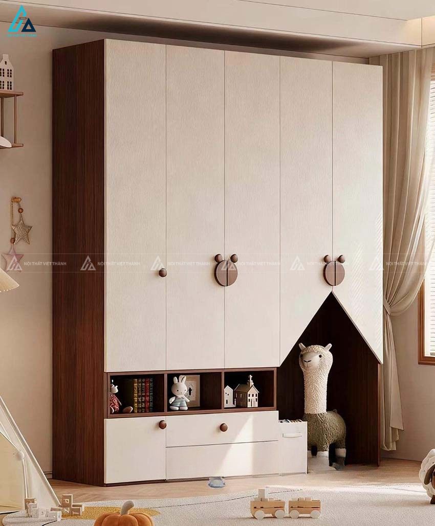 Tủ quần áo gỗ công nghiệp trẻ em năm cánh phối màu kem và nâu ấm áp