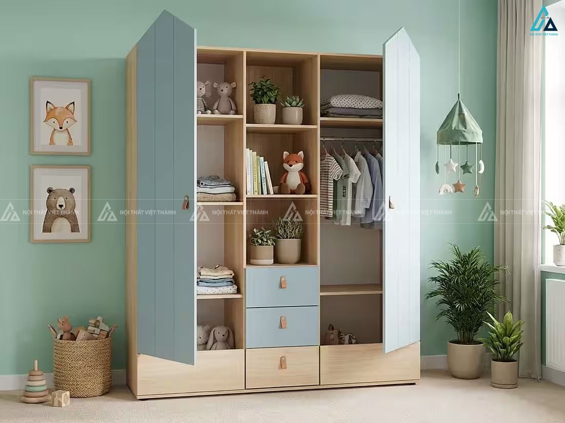 Tủ quần áo gỗ công nghiệp màu xanh kết hợp kệ trang trí đa năng 1