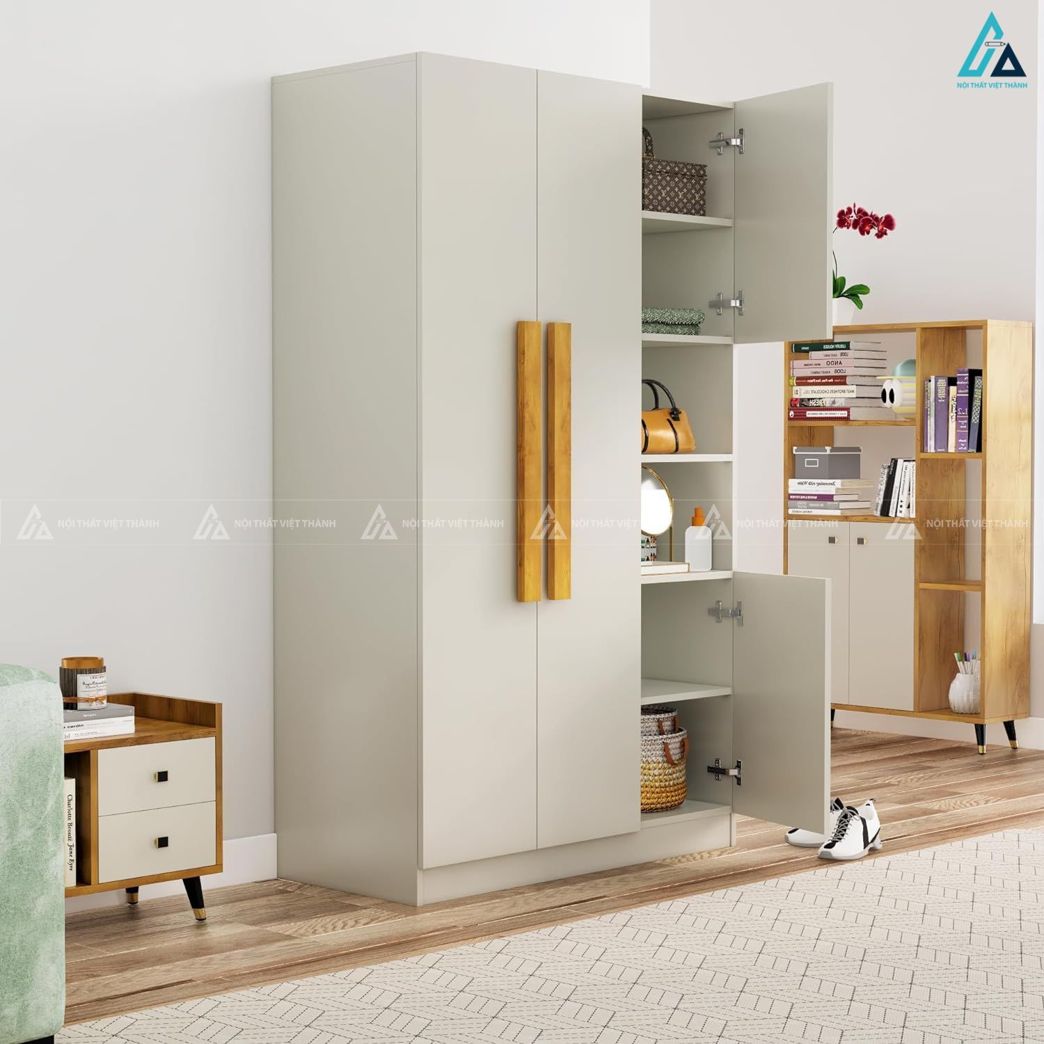 Tủ quần áo MDF phủ melamine màu trắng kem tích hợp kệ trang trí 1