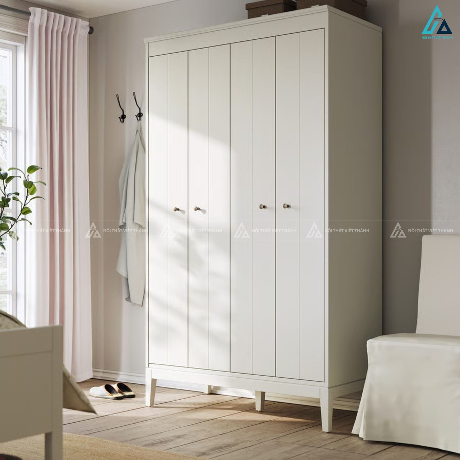 Thiết kế tủ quần áo gỗ MDF chống ẩm bốn cánh mở chân cao 4