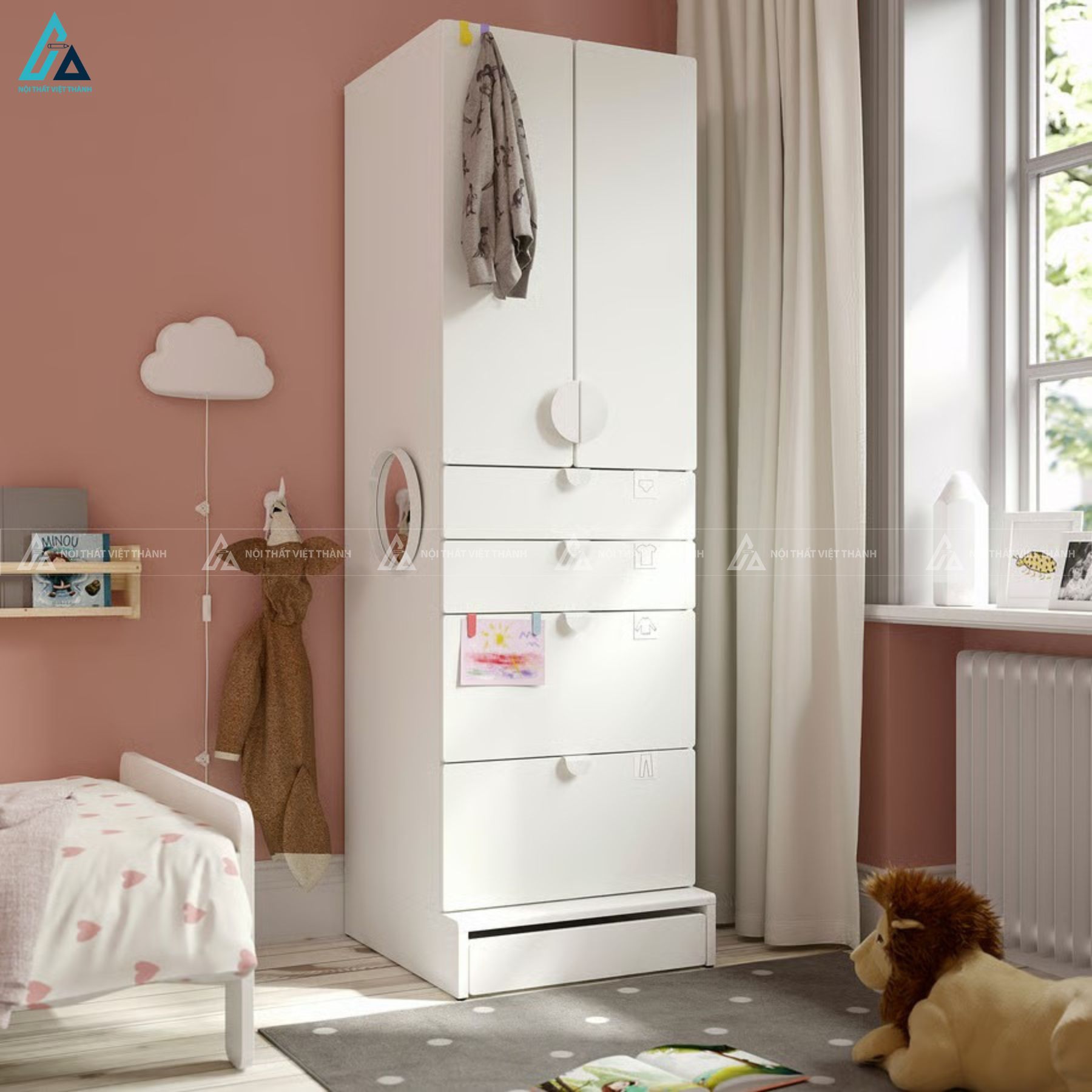 Tủ quần áo gỗ công nghiệp màu trắng thiết kế nhỏ gọn dễ thương