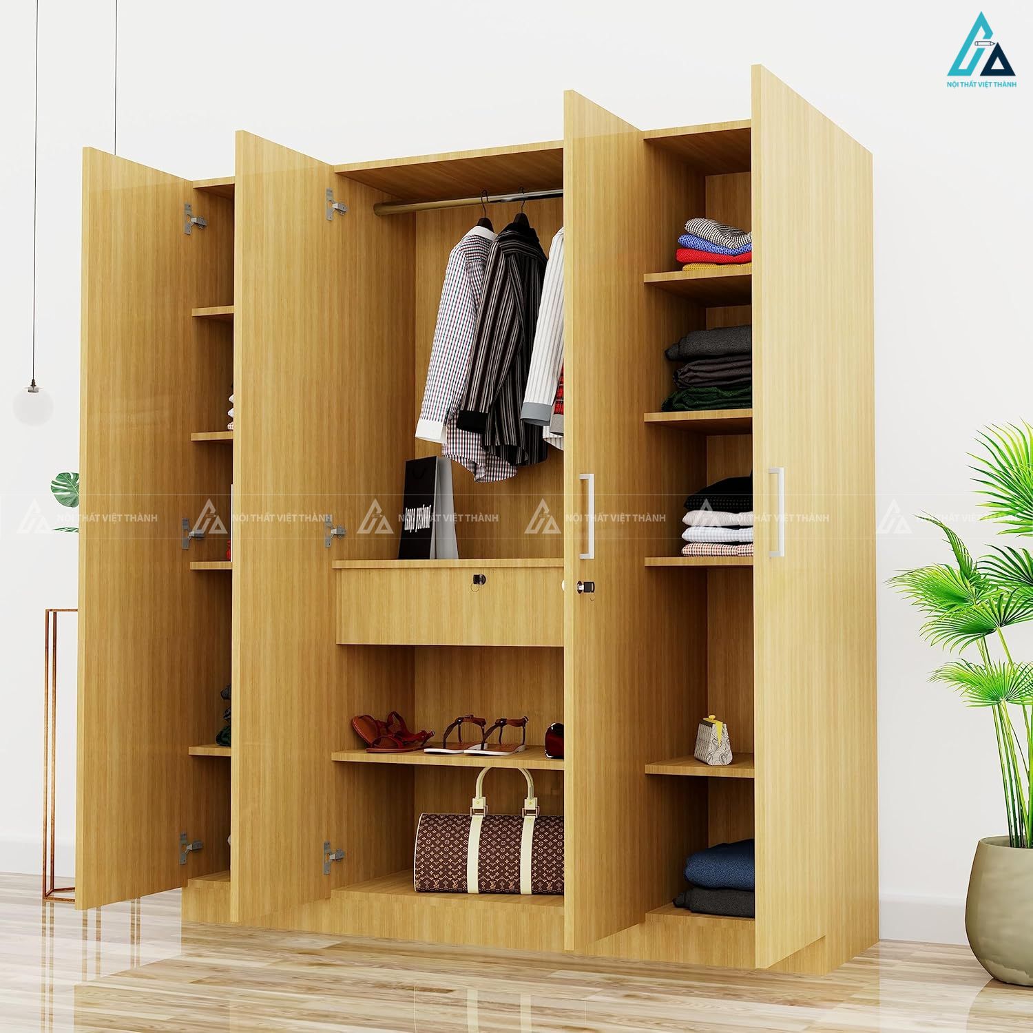 Mẫu tủ quần áo gỗ công nghiệp 4 cánh lớn tối ưu không gian lưu trữ 1