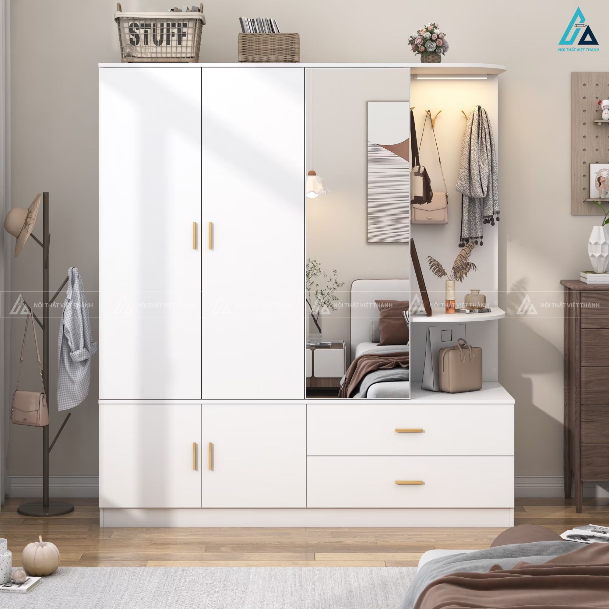 Mẫu tủ quần áo gỗ công nghiệp năm cánh mở tối ưu diện tích 4