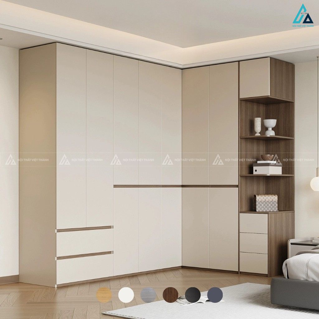 Mẫu tủ quần áo gỗ công nghiệp kịch trần bo góc chữ L tiện nghi