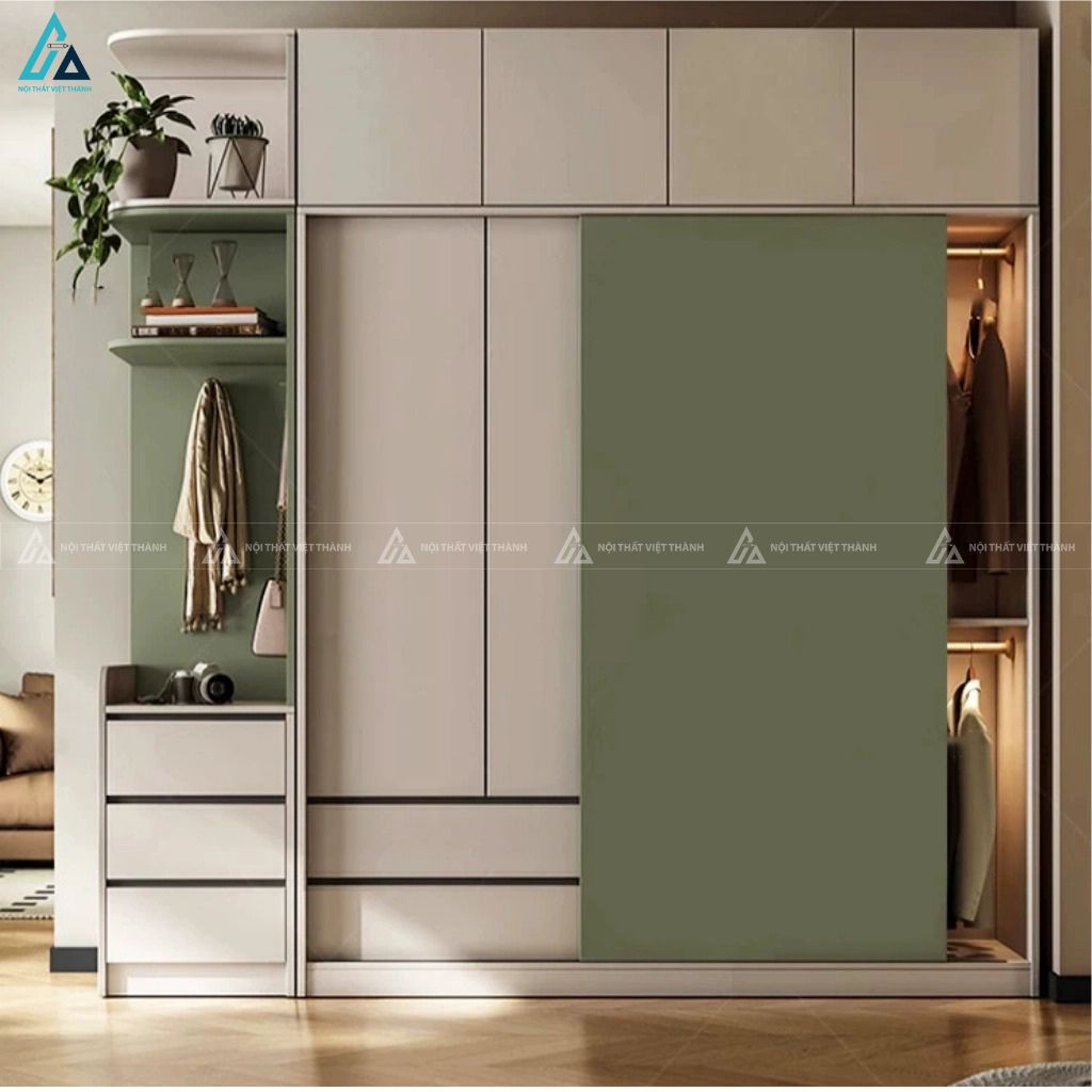 Tủ quần áo gỗ công nghiệp cửa lùa kết hợp ngăn kéo đa năng sang