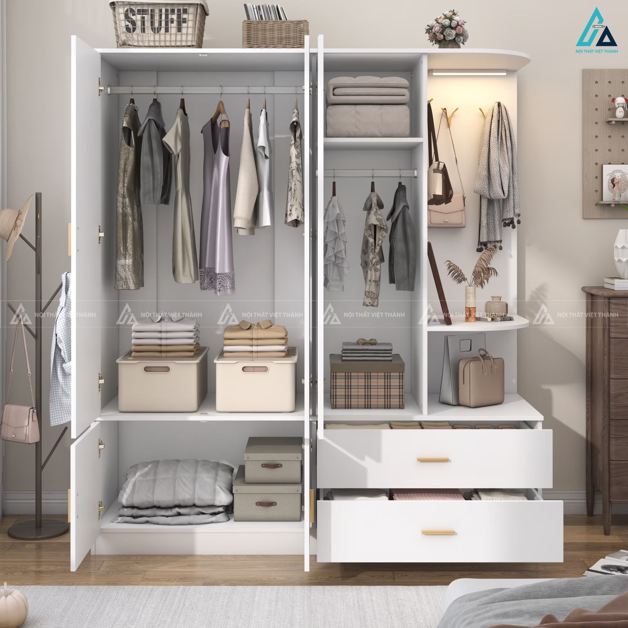 Mẫu tủ quần áo gỗ công nghiệp năm cánh mở tối ưu diện tích 5
