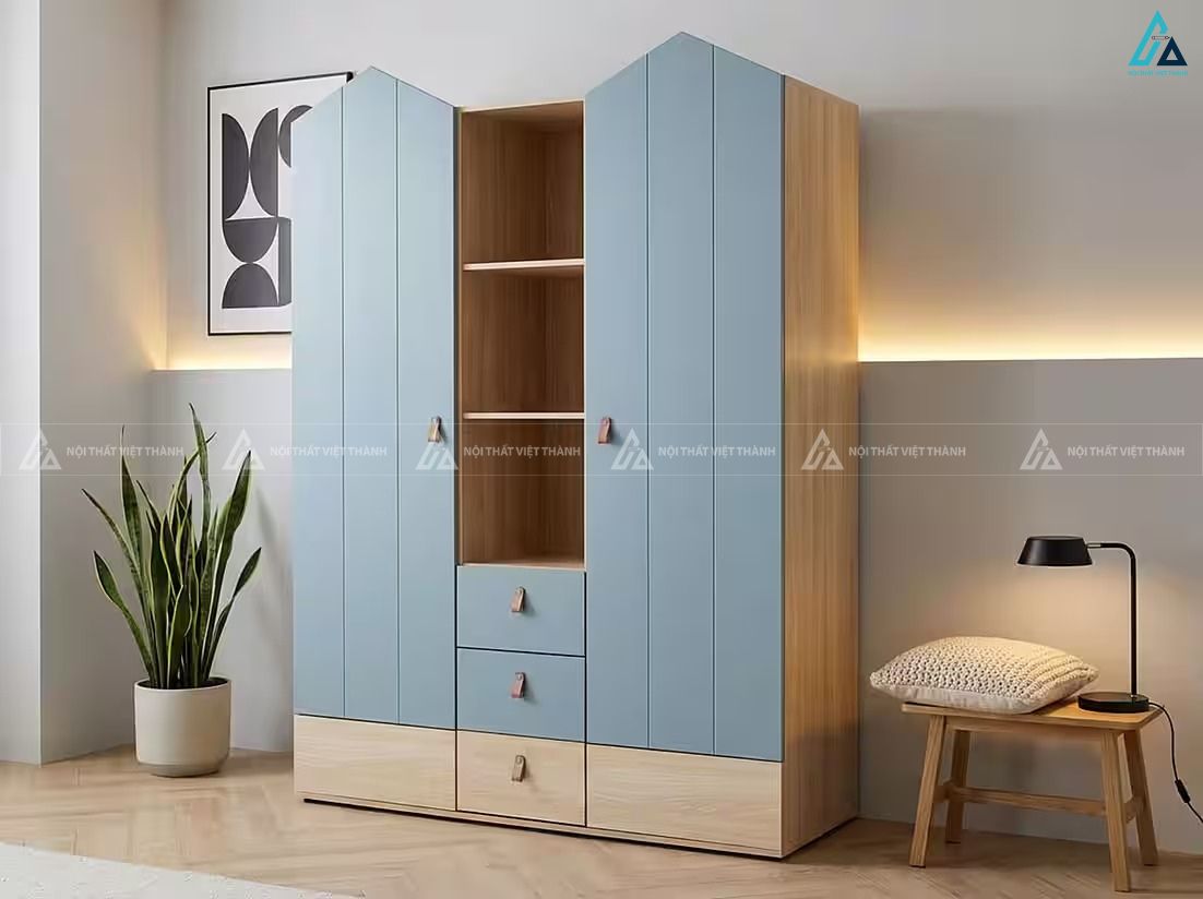 Tủ quần áo gỗ công nghiệp màu xanh kết hợp kệ trang trí đa năng 2