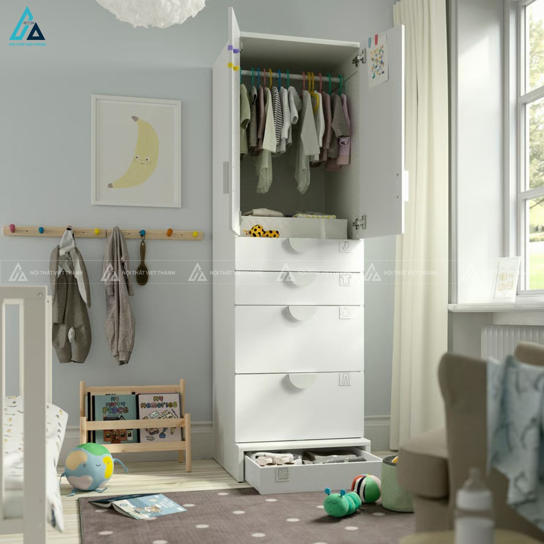 Tủ quần áo gỗ công nghiệp màu trắng thiết kế nhỏ gọn dễ thương 1