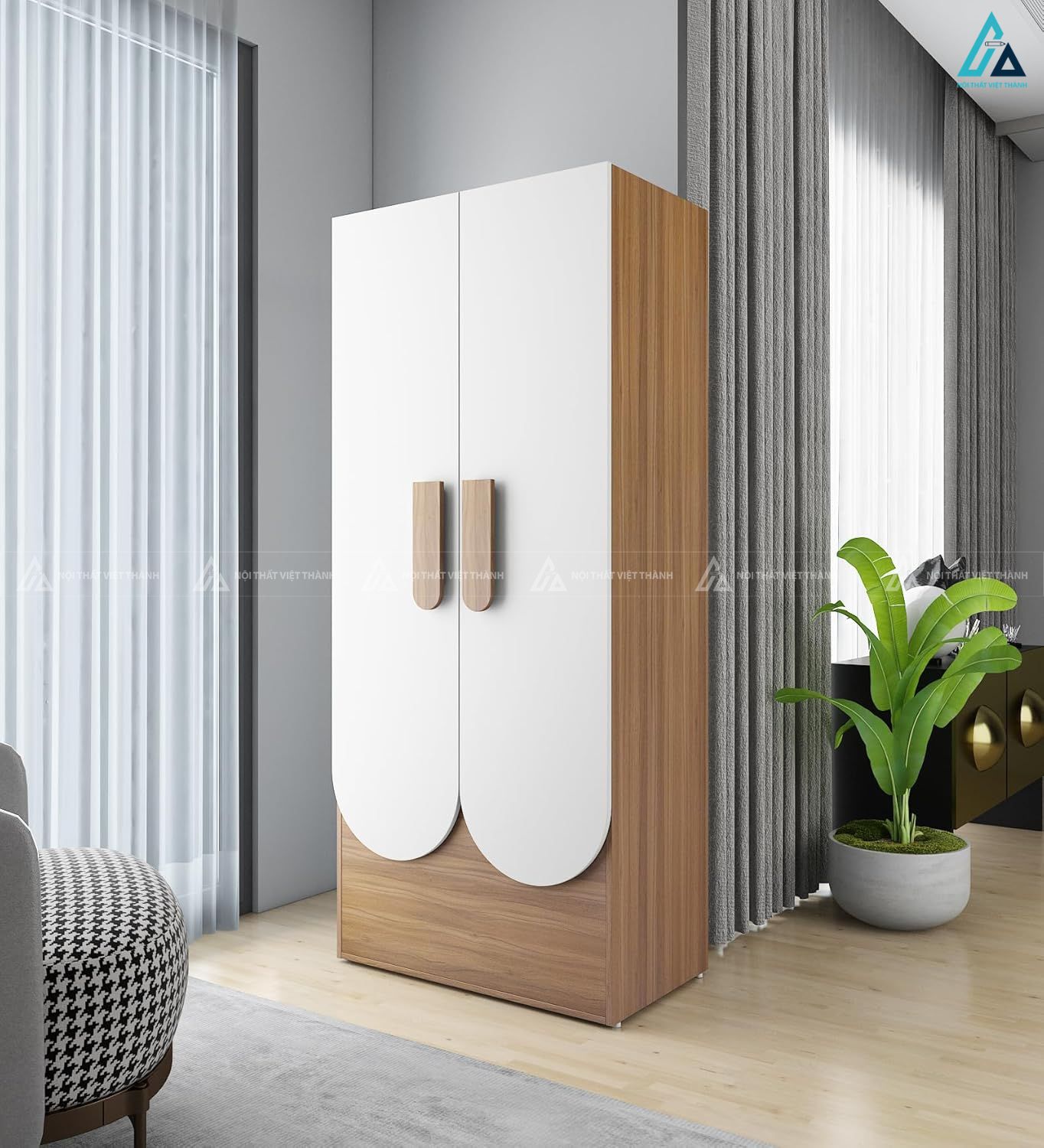 Mẫu tủ quần áo gỗ công nghiệp hai cánh mở thiết kế bo cong tinh tế