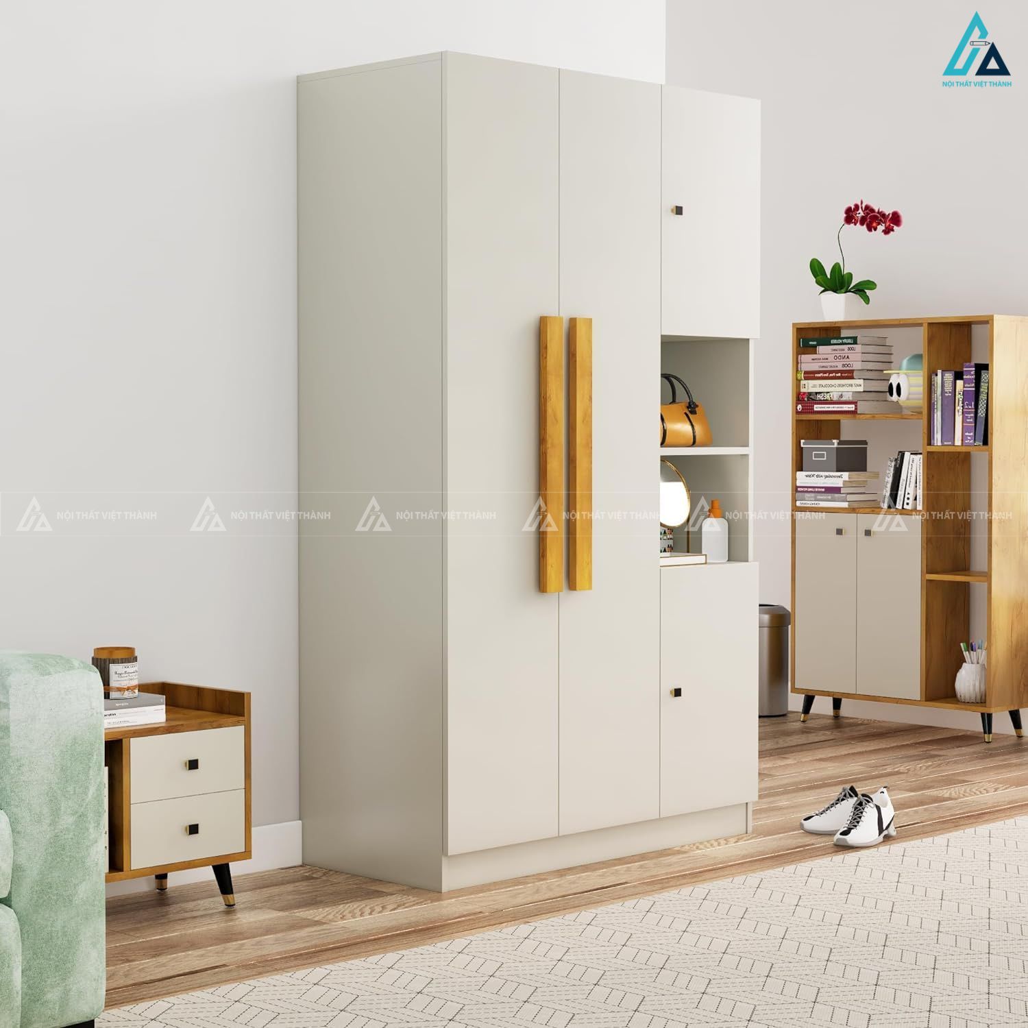 Tủ quần áo MDF phủ melamine màu trắng kem tích hợp kệ trang trí