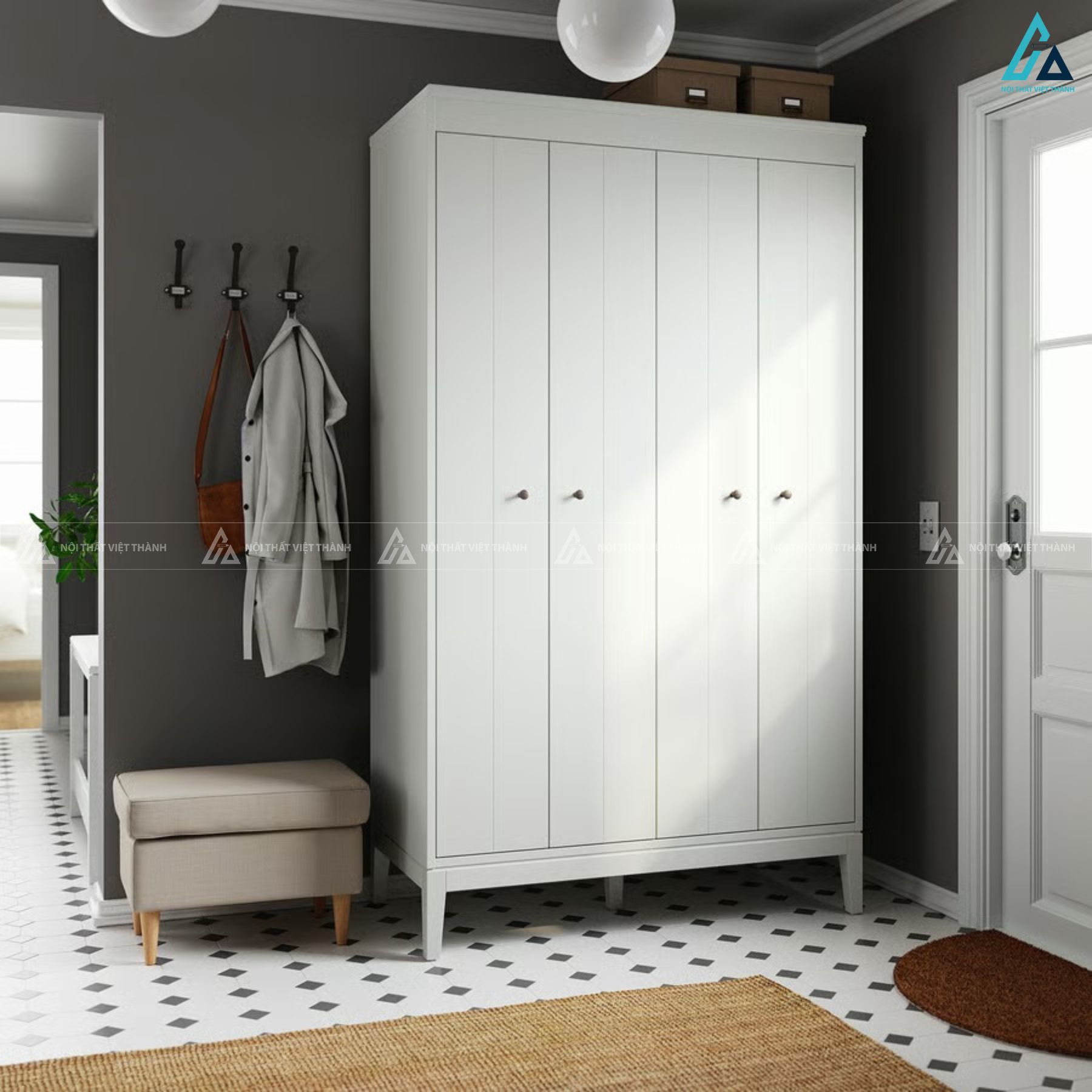 Thiết kế tủ quần áo gỗ MDF chống ẩm bốn cánh mở chân cao 5