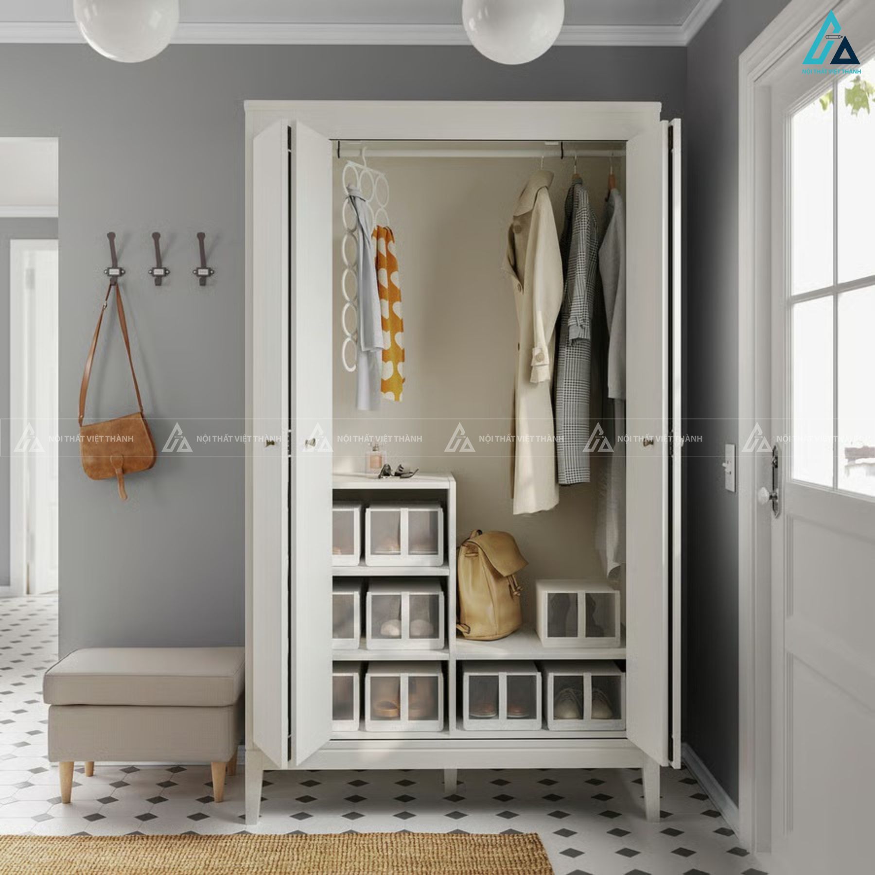 Thiết kế tủ quần áo gỗ MDF chống ẩm bốn cánh mở chân cao 6