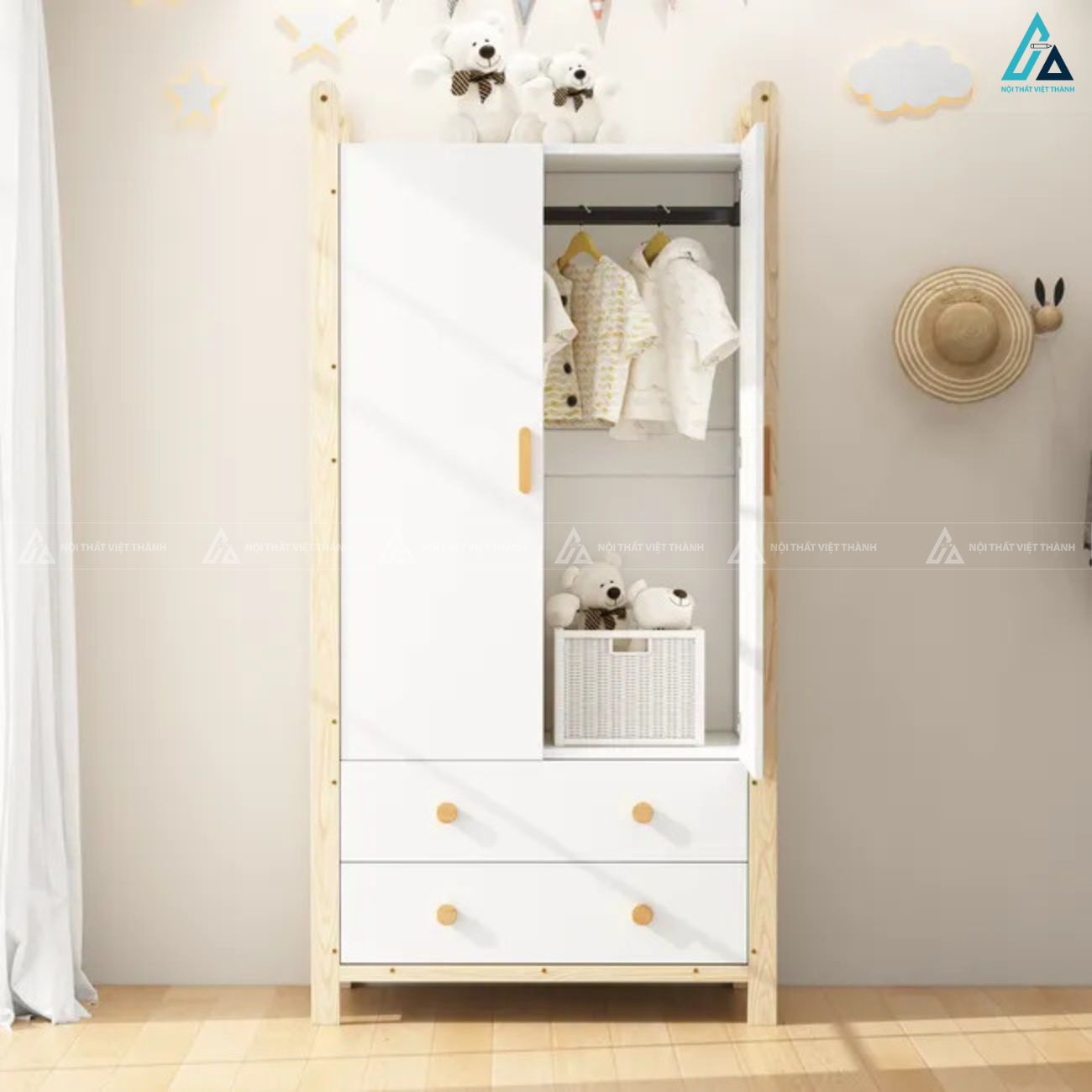 Tủ quần áo gỗ công nghiệp màu trắng chân cao thanh lịch cho phòng bé