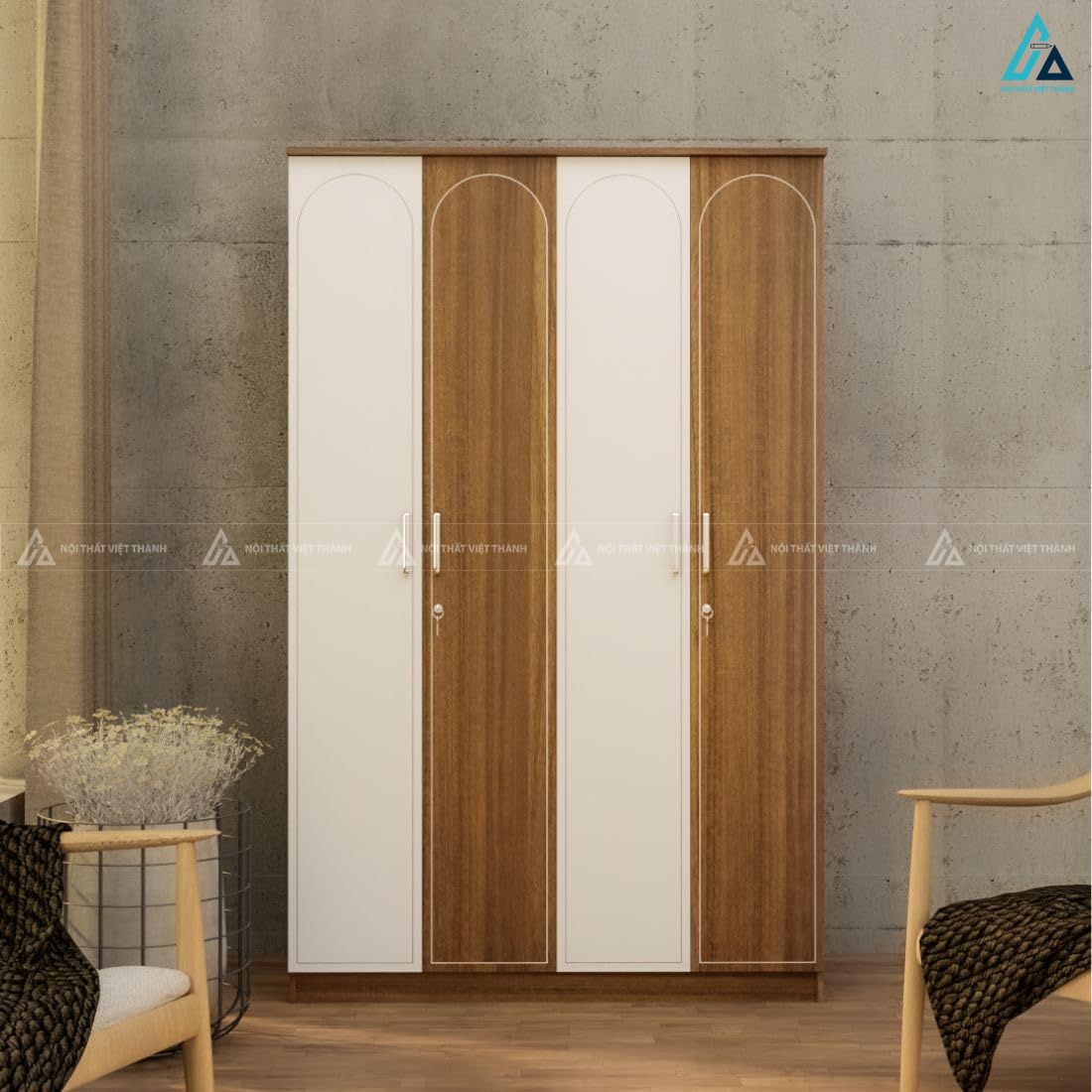 Mẫu tủ quần áo gỗ công nghiệp 4 cánh mở thiết kế kẻ sọc độc đáo 3