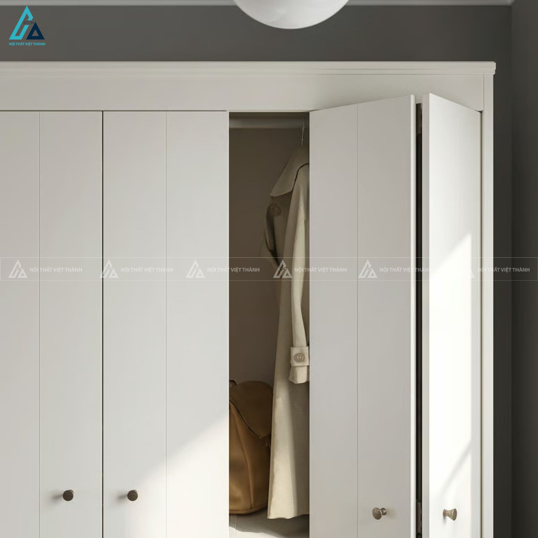 Thiết kế tủ quần áo gỗ MDF chống ẩm bốn cánh mở chân cao 7