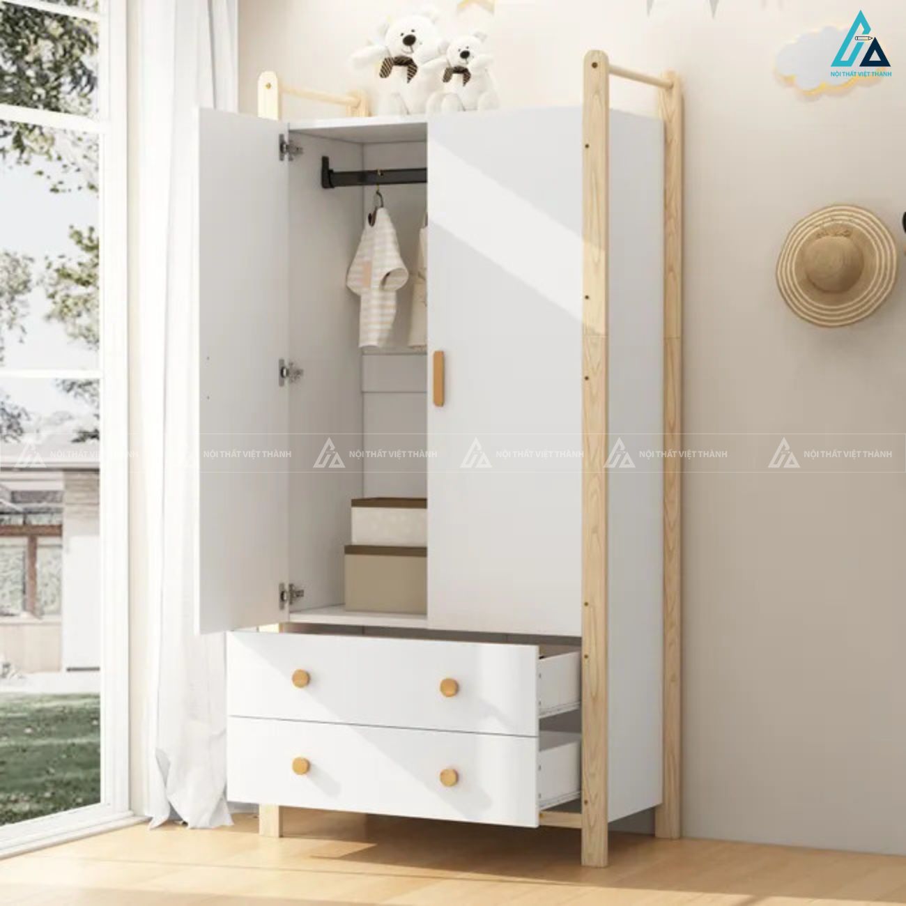 Tủ quần áo gỗ công nghiệp màu trắng chân cao thanh lịch cho phòng bé 1