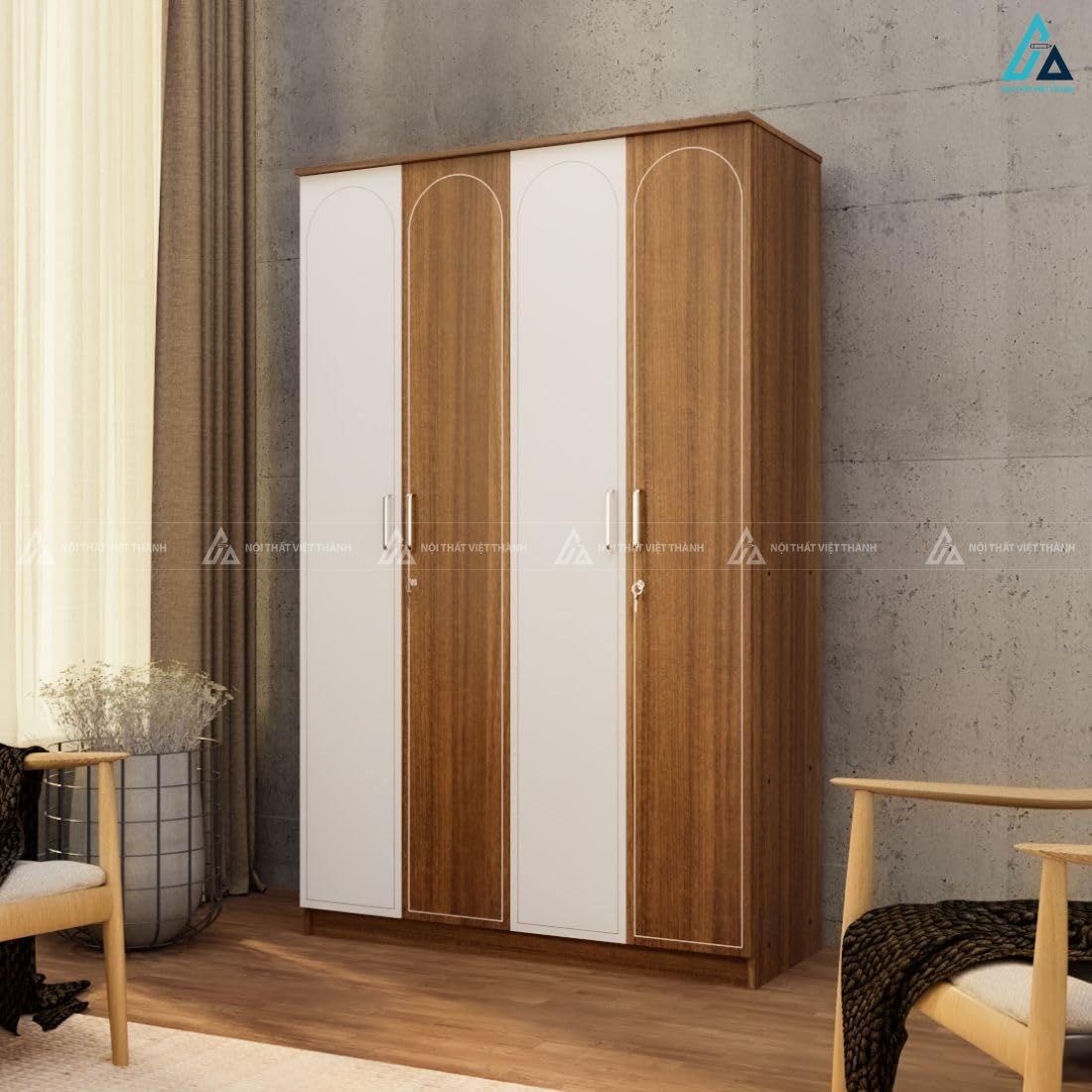 Mẫu tủ quần áo gỗ công nghiệp 4 cánh mở thiết kế kẻ sọc độc đáo 4