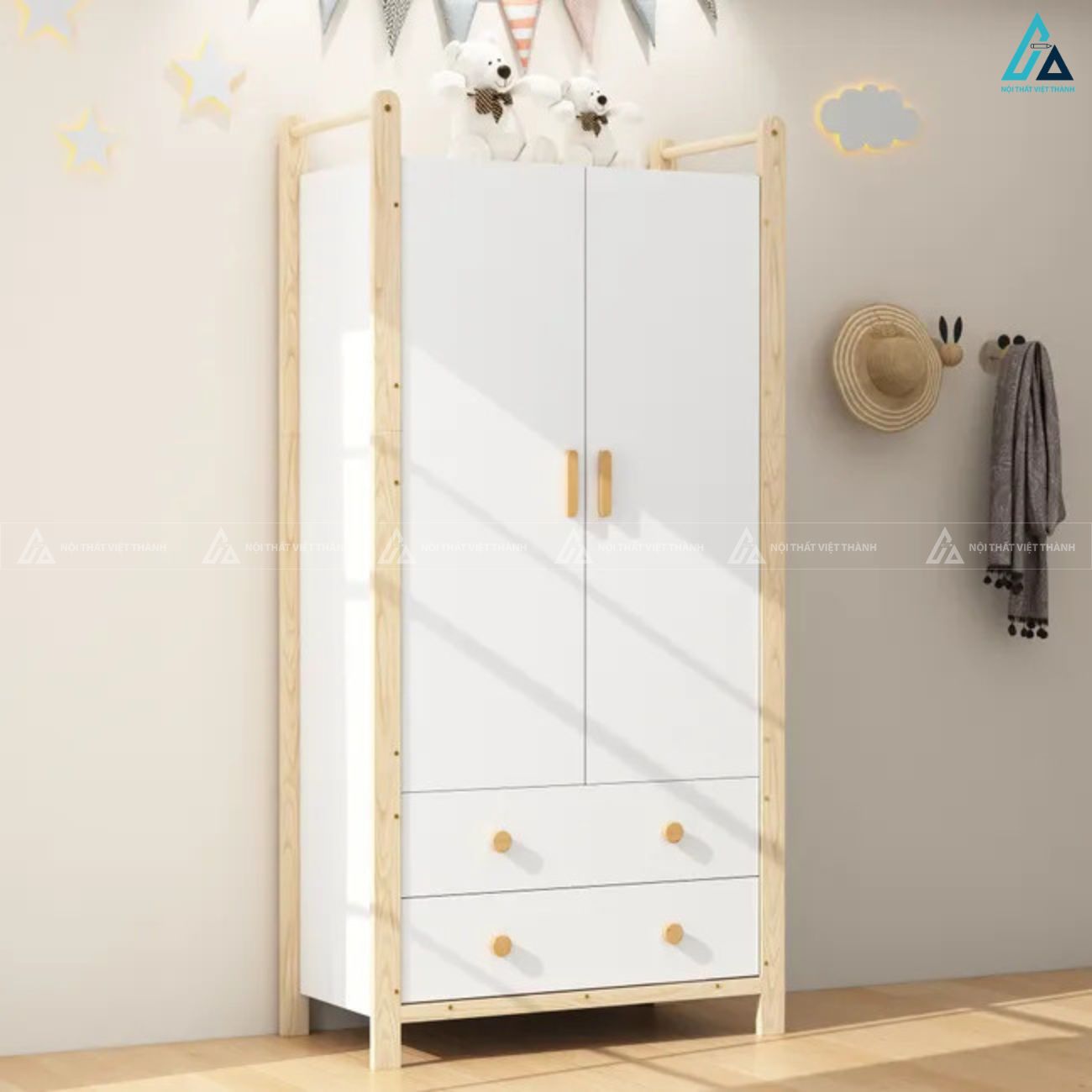 Tủ quần áo gỗ công nghiệp màu trắng chân cao thanh lịch cho phòng bé 2