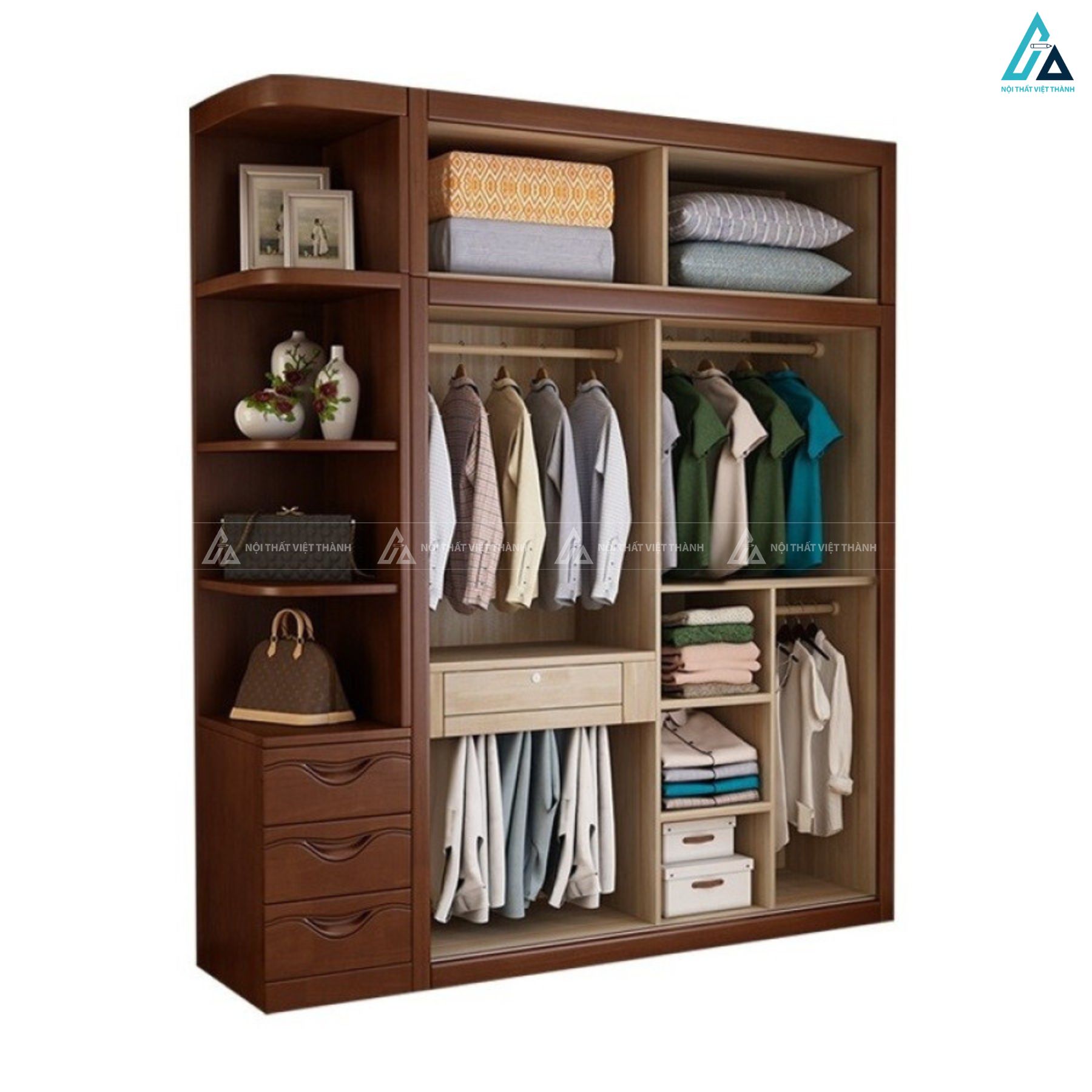 Mẫu tủ áo gỗ tự nhiên 3 cánh kèm kệ decor hiện đại cho phòng ngủ 3