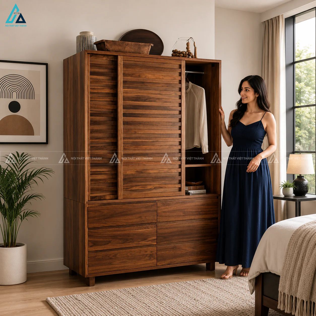 Tủ quần áo gỗ tự nhiên cửa lùa nan ngang tiện dụng sang trọng 1