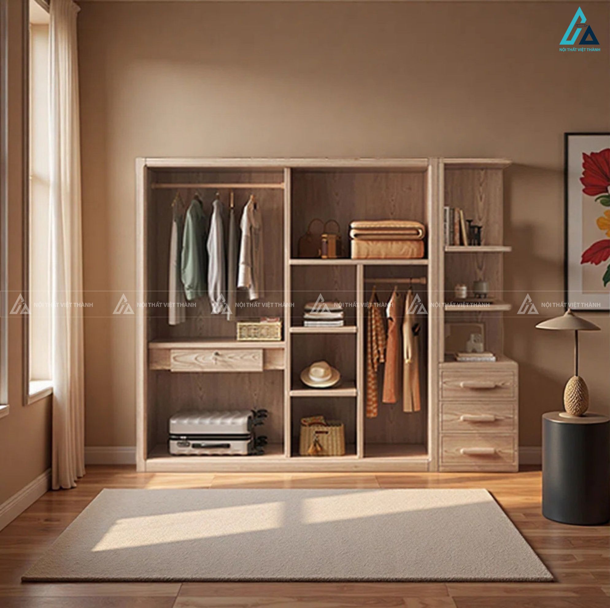 Tủ quần áo gỗ tự nhiên có kệ hông độc đáo cho phòng ngủ 2