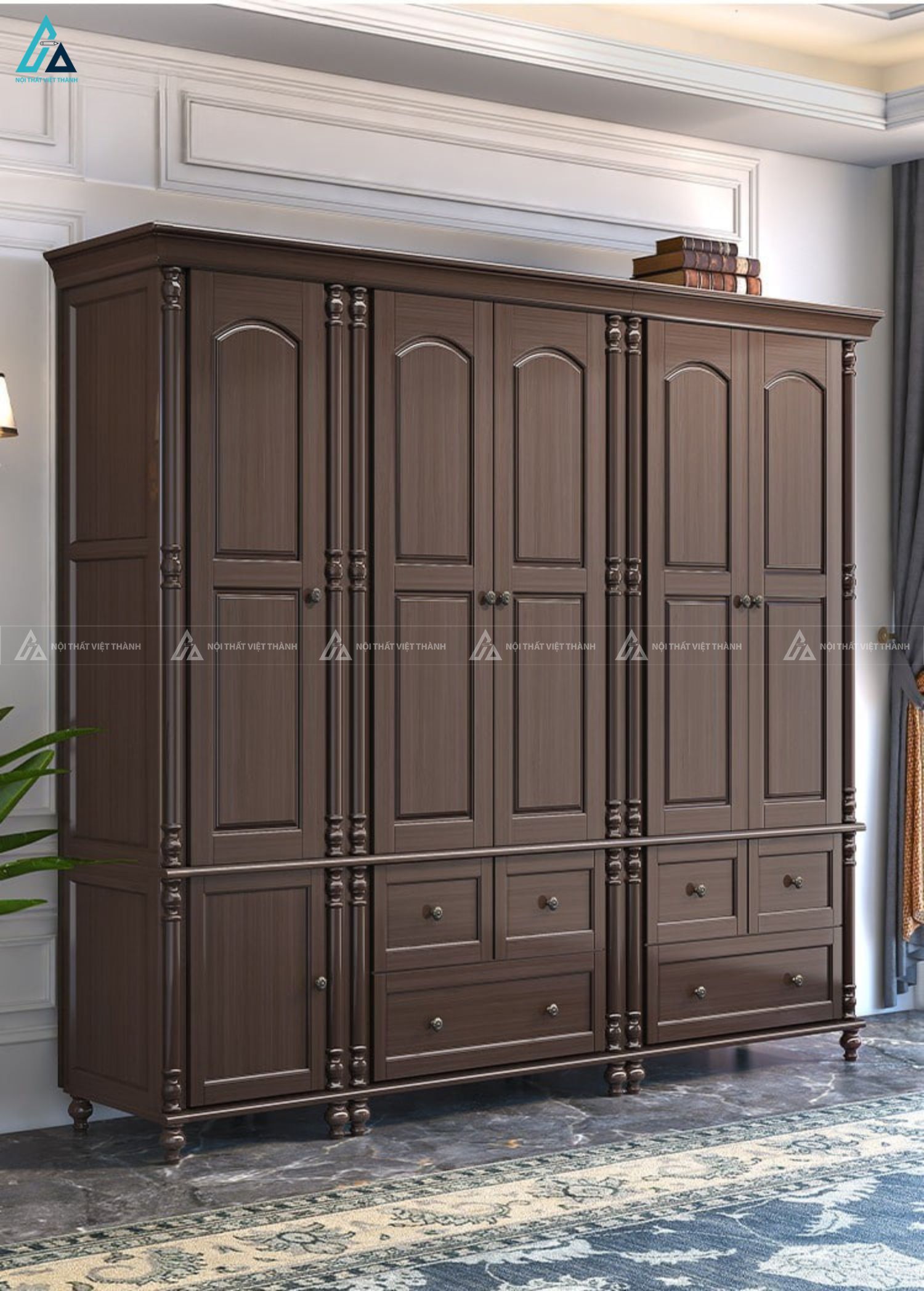 Tủ quần áo gỗ tự nhiên tân cổ điển sang trọng cho phòng ngủ