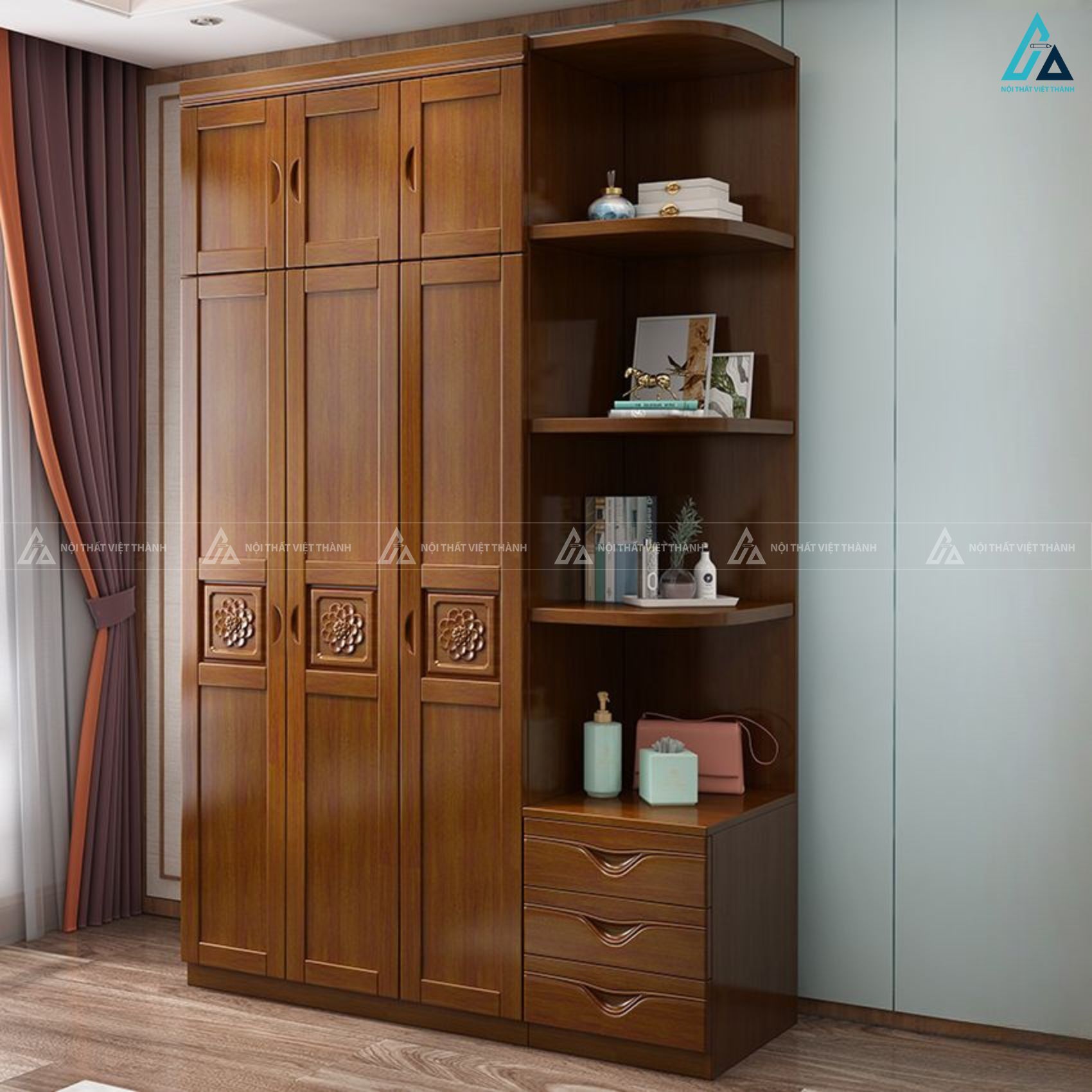 Mẫu tủ áo gỗ tự nhiên thiết kế cổ điển kèm kệ mở thông minh 1
