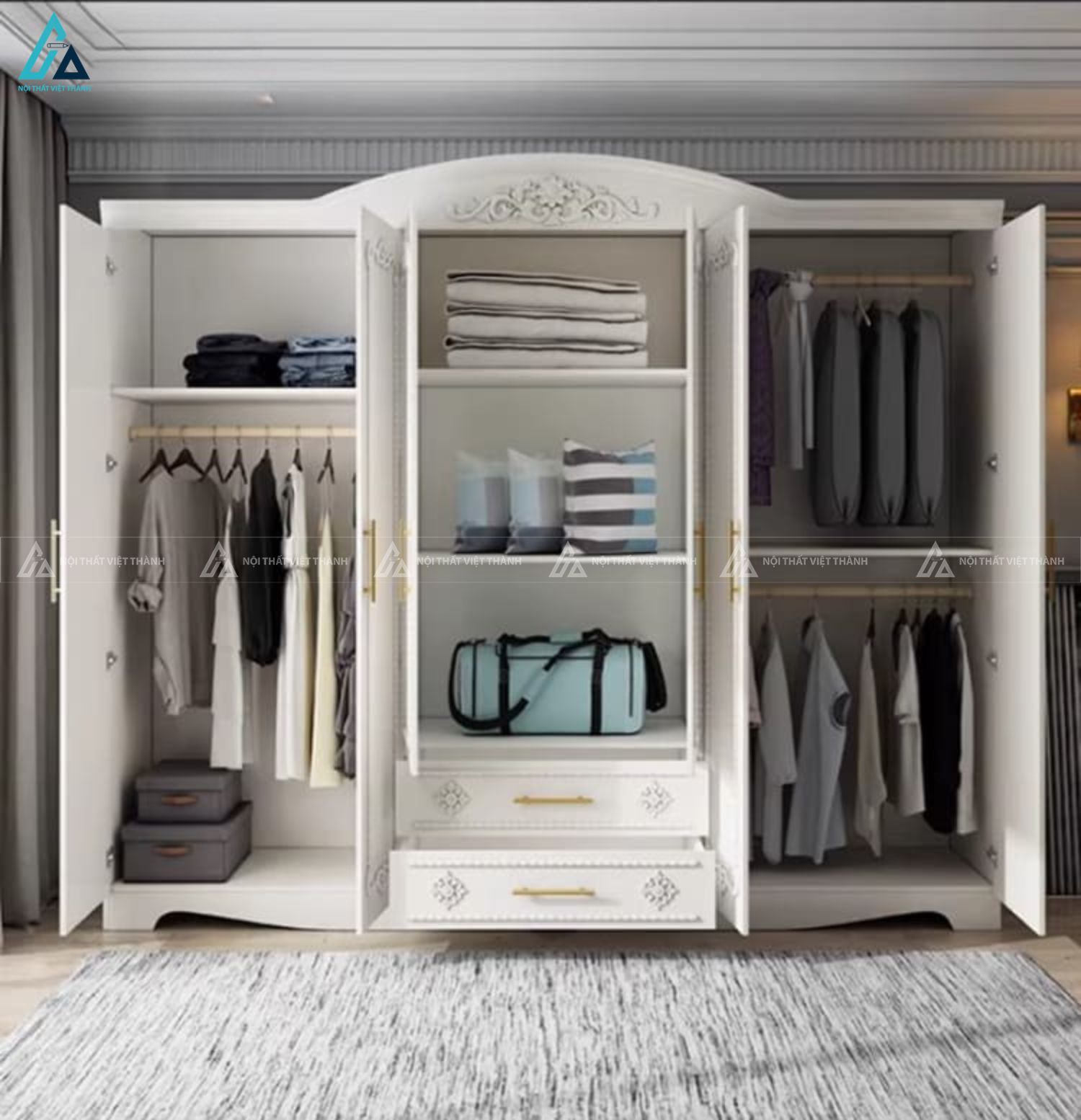 Tủ quần áo gỗ tự nhiên sơn trắng phong cách tân cổ điển sang trọng 5