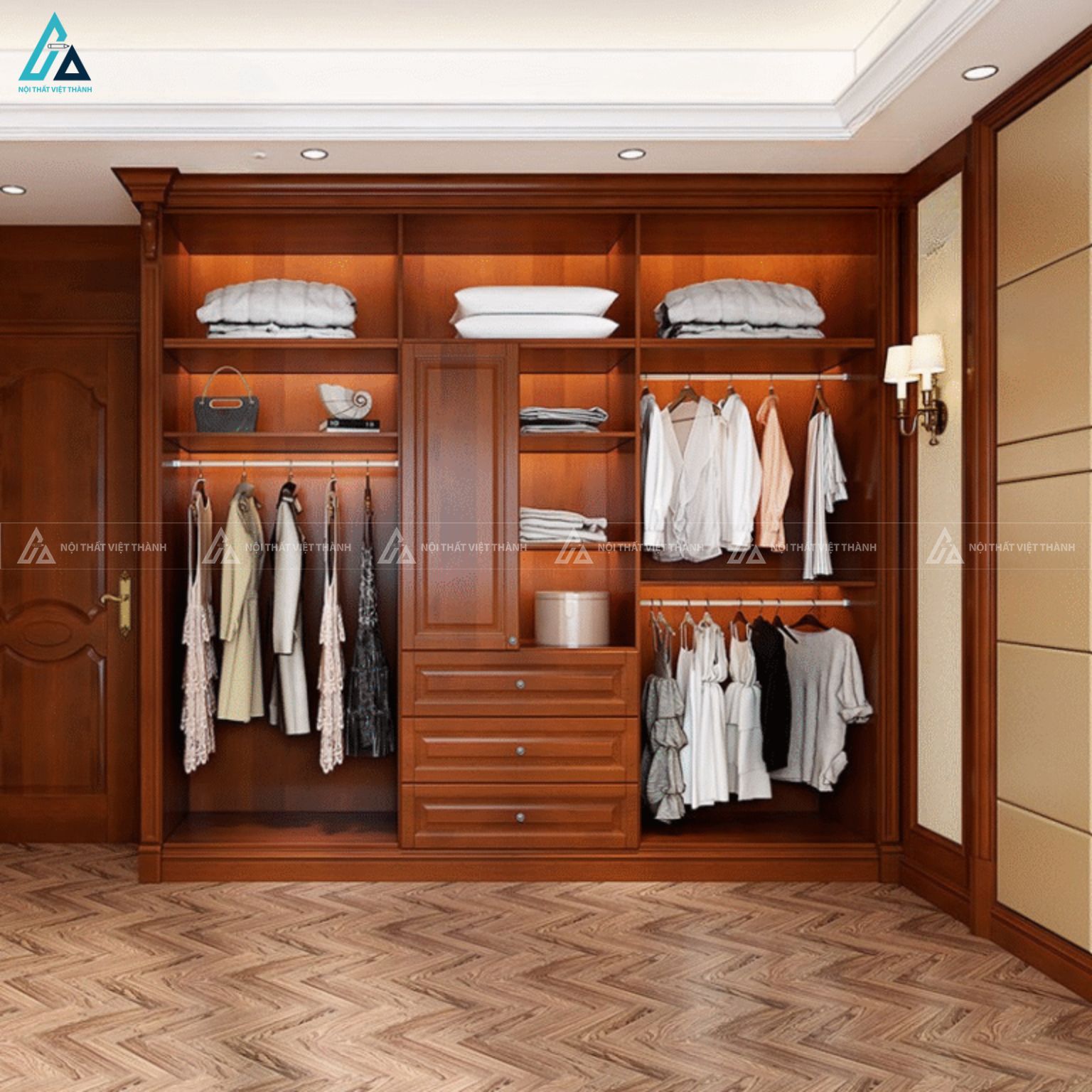 Tủ quần áo gỗ tự nhiên thiết kế cổ điển sang trọng cho phòng ngủ 2