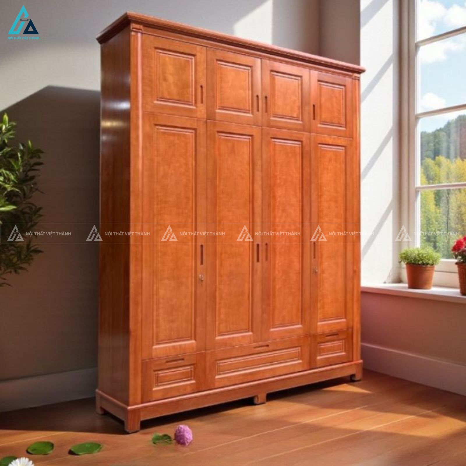 Tủ quần áo gỗ tự nhiên 4 cánh kiểu dáng truyền thống sang trọng