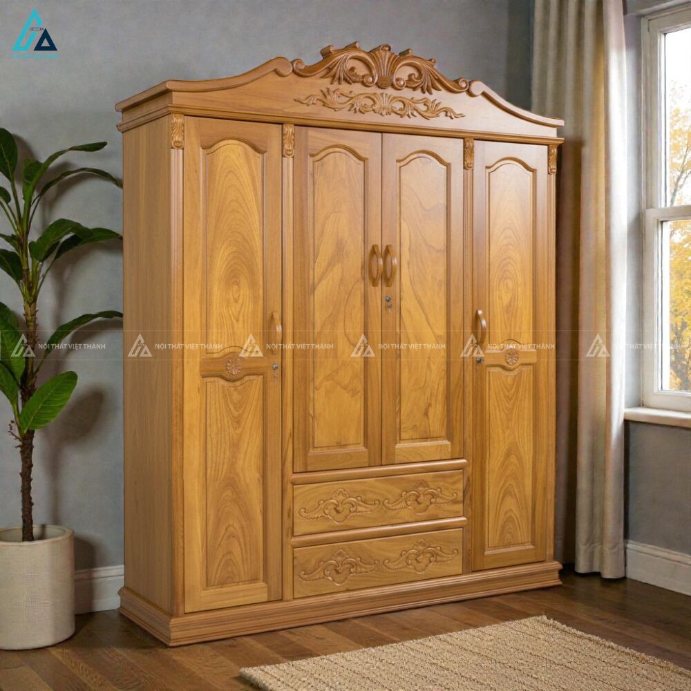 Mẫu tủ áo gỗ tự nhiên 4 cánh chạm khắc tinh xảo cho phòng ngủ 1
