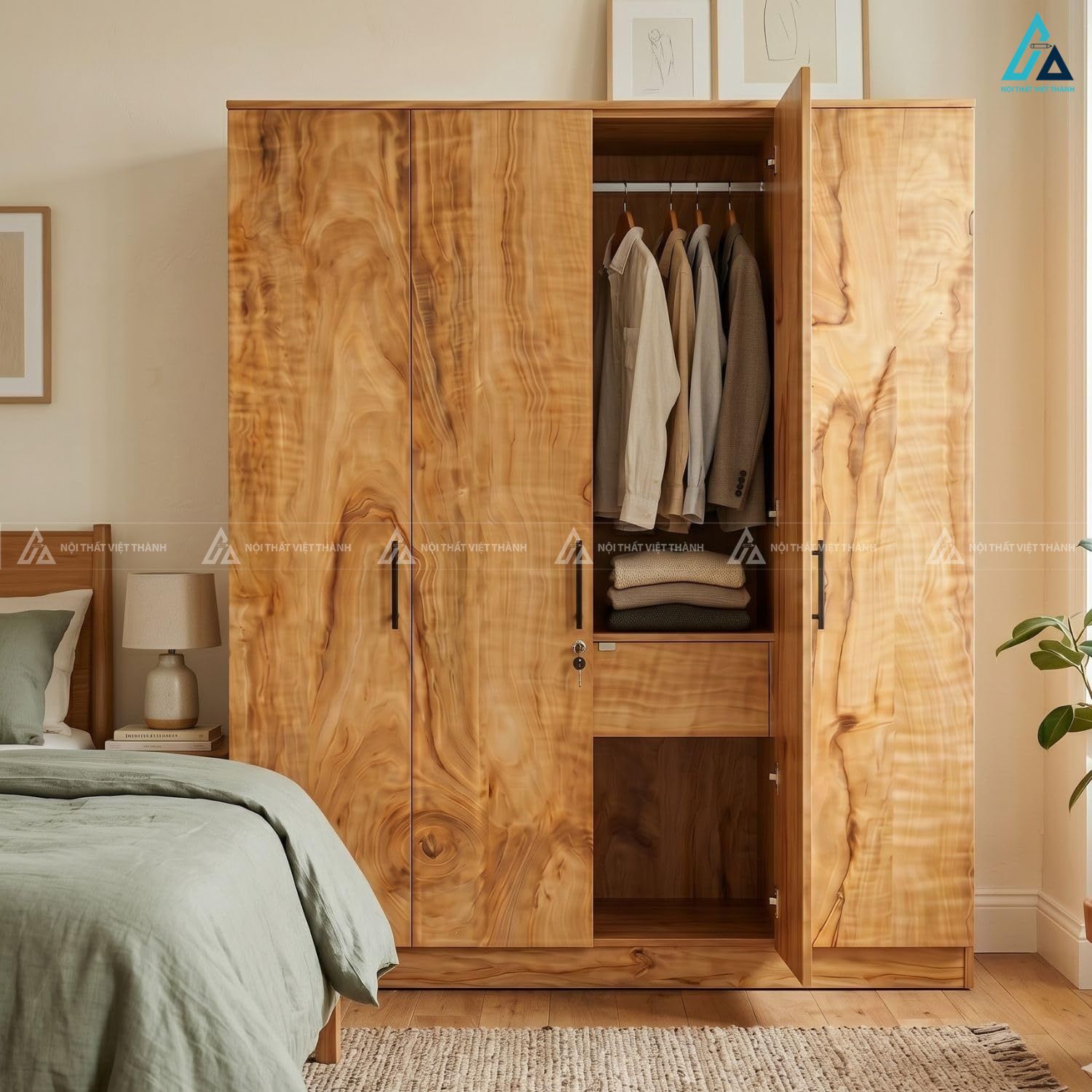 Thiết kế tủ áo gỗ tự nhiên màu sáng vân gỗ cuộn sóng tinh tế 3