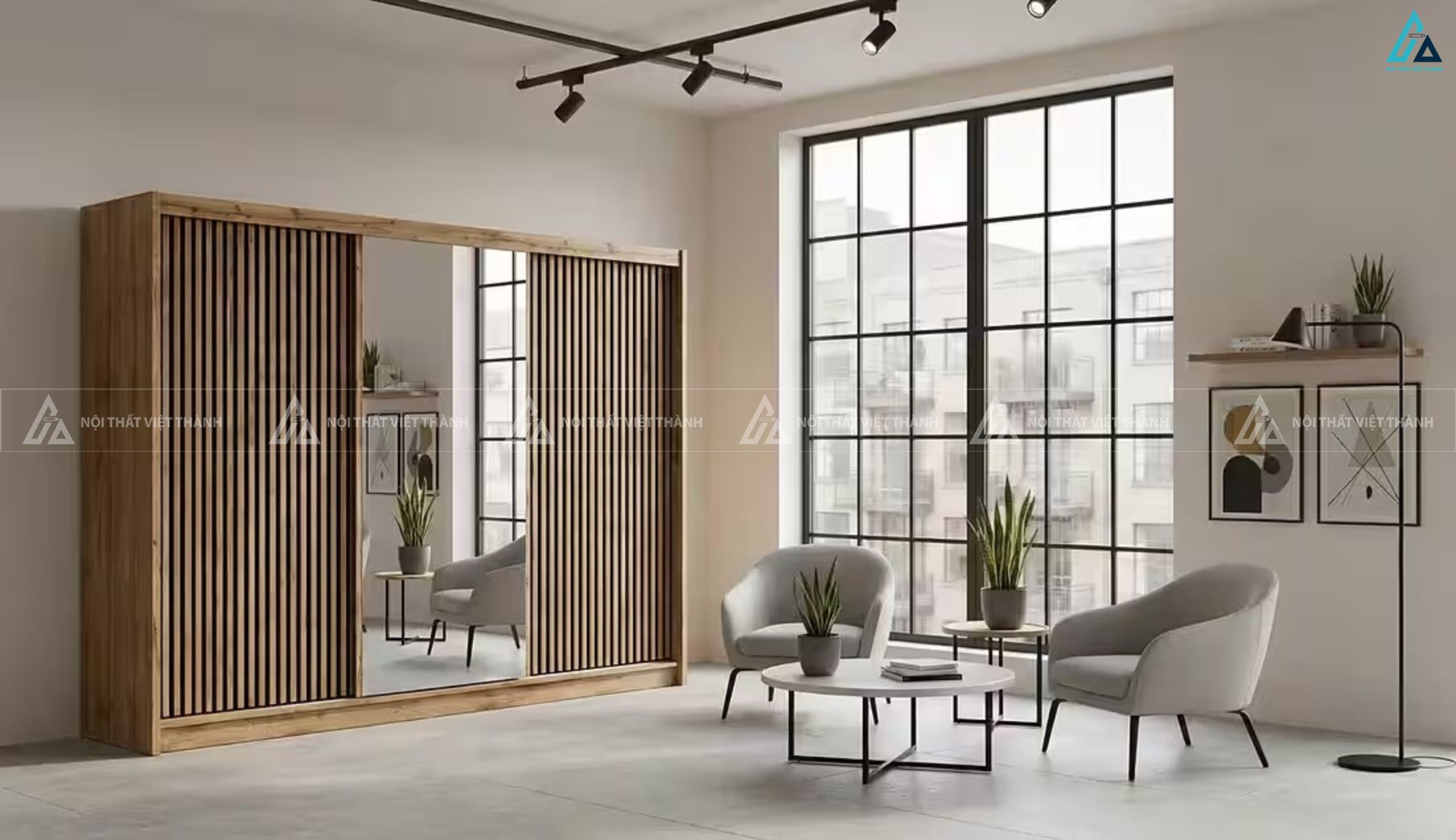Tủ quần áo gỗ tự nhiên cửa lùa hiện đại kết hợp gương soi sang trọng 1