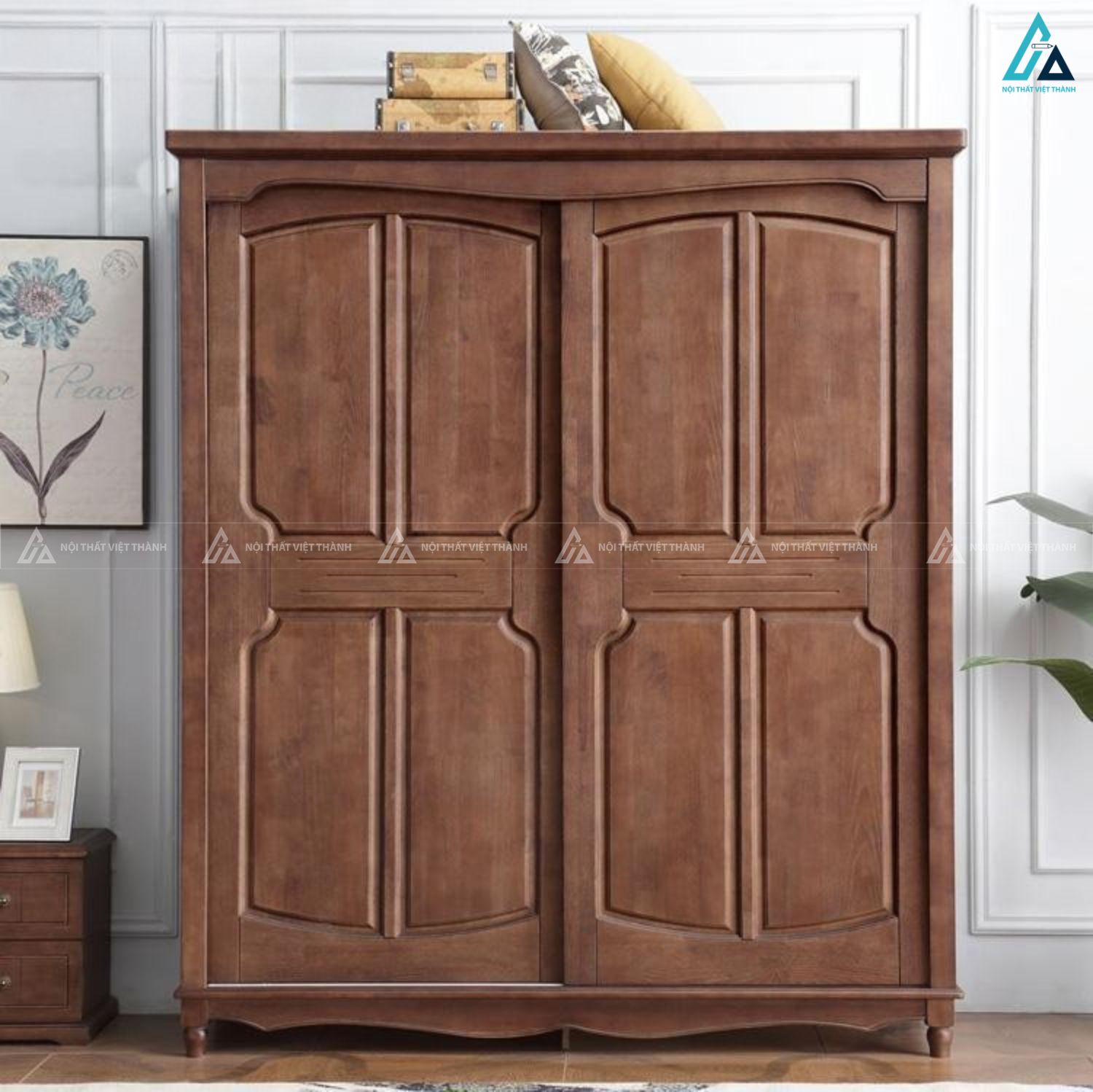 Tủ quần áo gỗ tự nhiên cánh lùa phong cách tân cổ điển sang trọng