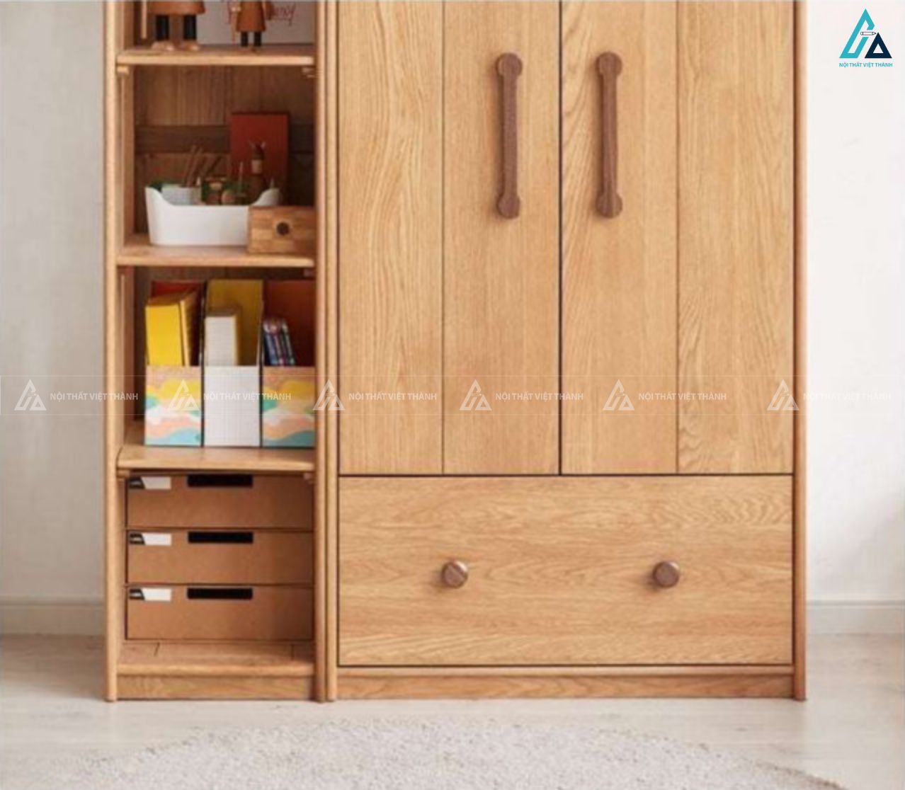 Tủ quần áo gỗ tự nhiên thiết kế thông minh với kệ sách trang trí 2
