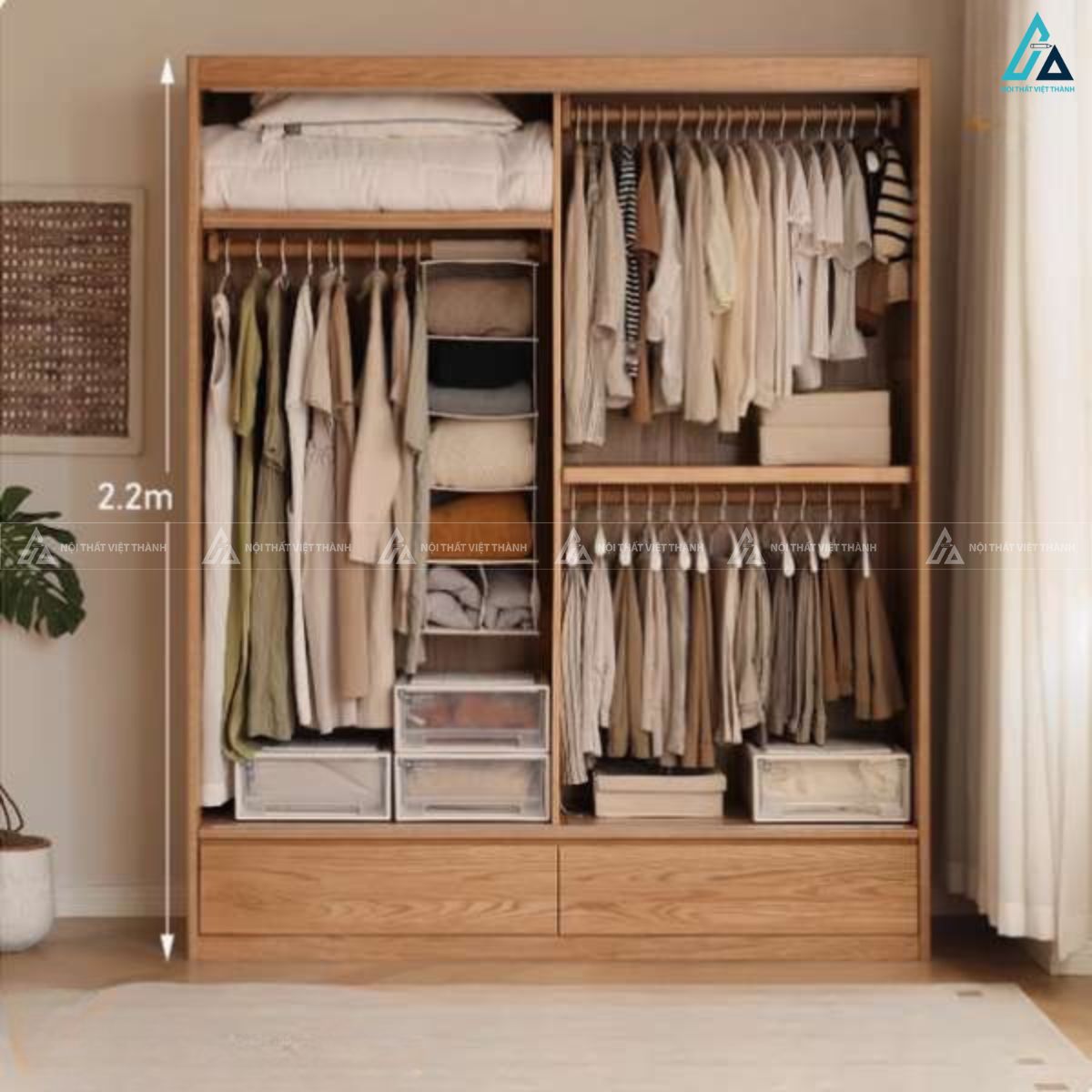Mẫu tủ áo gỗ tự nhiên 2 cánh lùa có ngăn kéo dưới tiện ích thông minh 3
