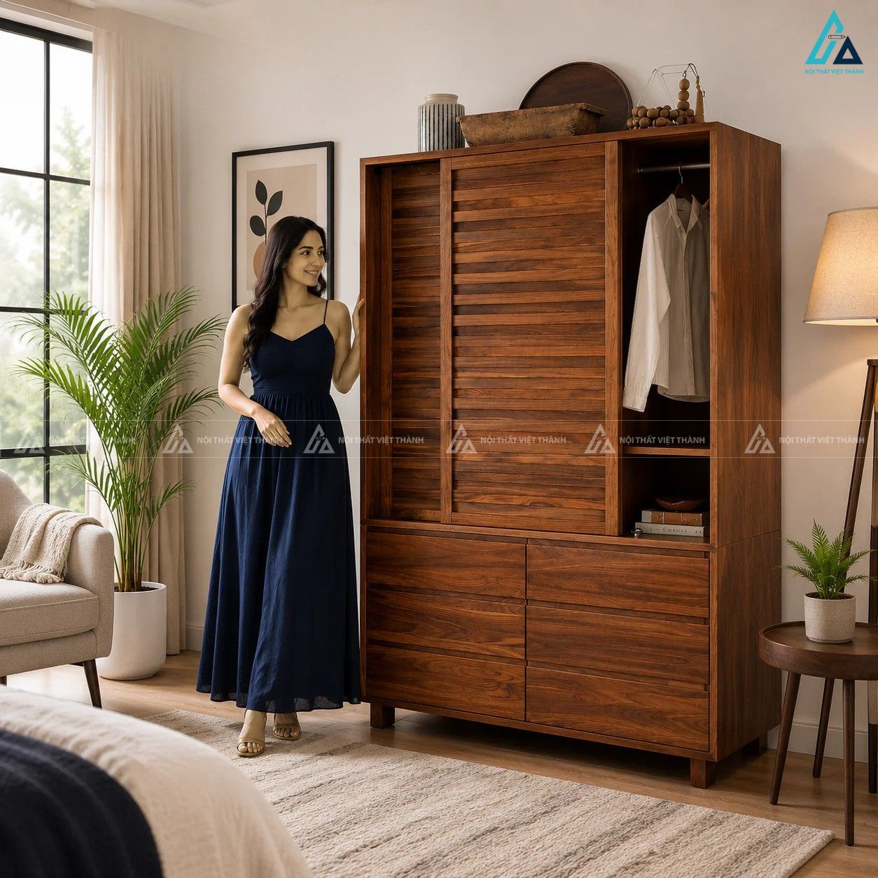 Tủ quần áo gỗ tự nhiên cửa lùa nan ngang tiện dụng sang trọng 3