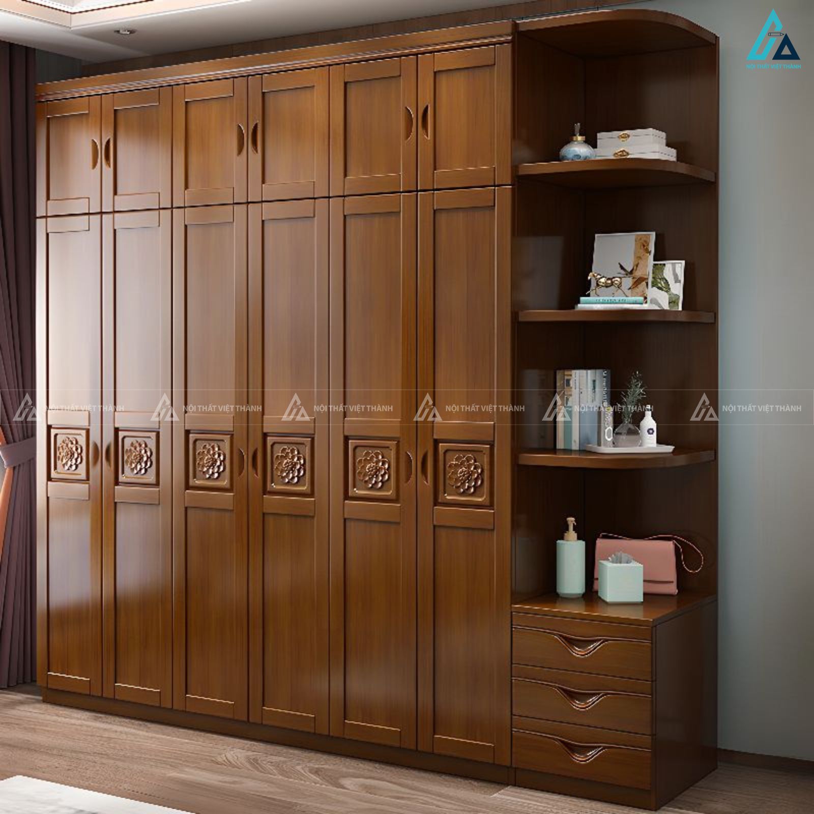 Mẫu tủ áo gỗ tự nhiên thiết kế cổ điển kèm kệ mở thông minh