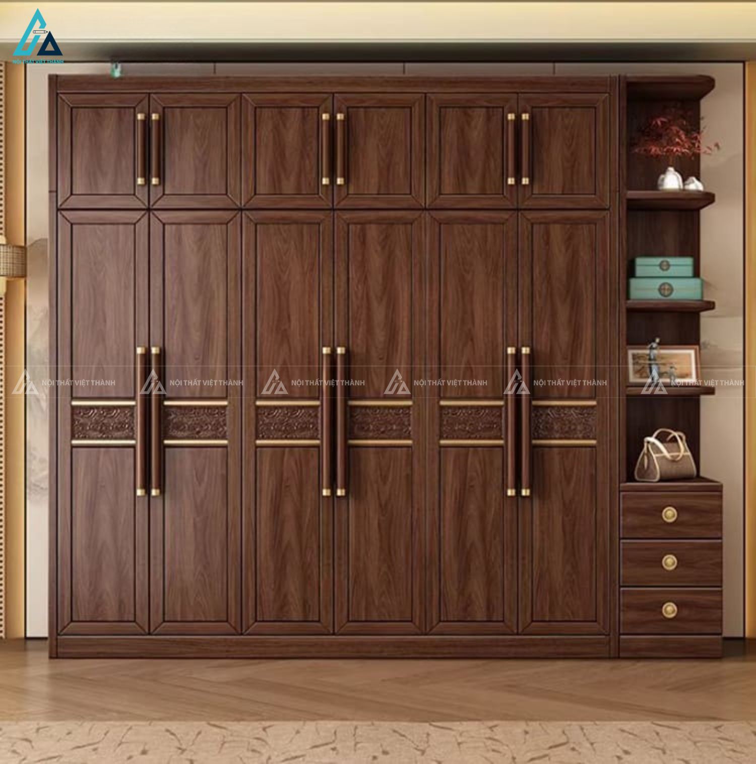 Tủ quần áo gỗ tự nhiên kết hợp kệ đa năng tiện ích phòng ngủ