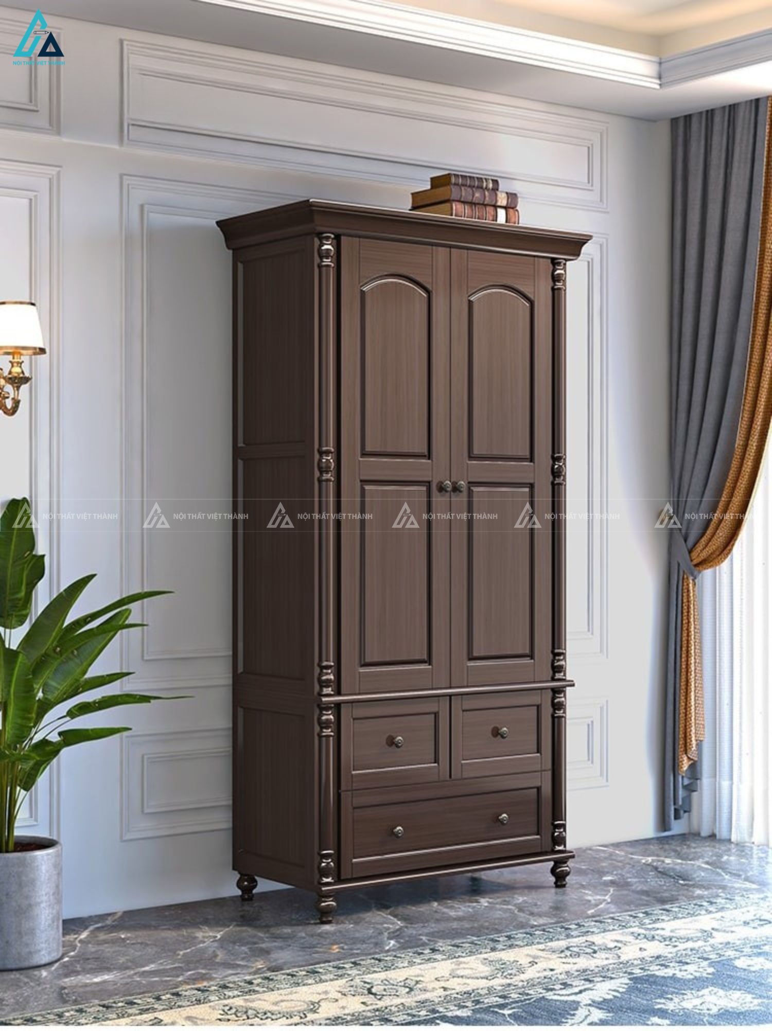 Tủ quần áo gỗ tự nhiên tân cổ điển sang trọng cho phòng ngủ 1