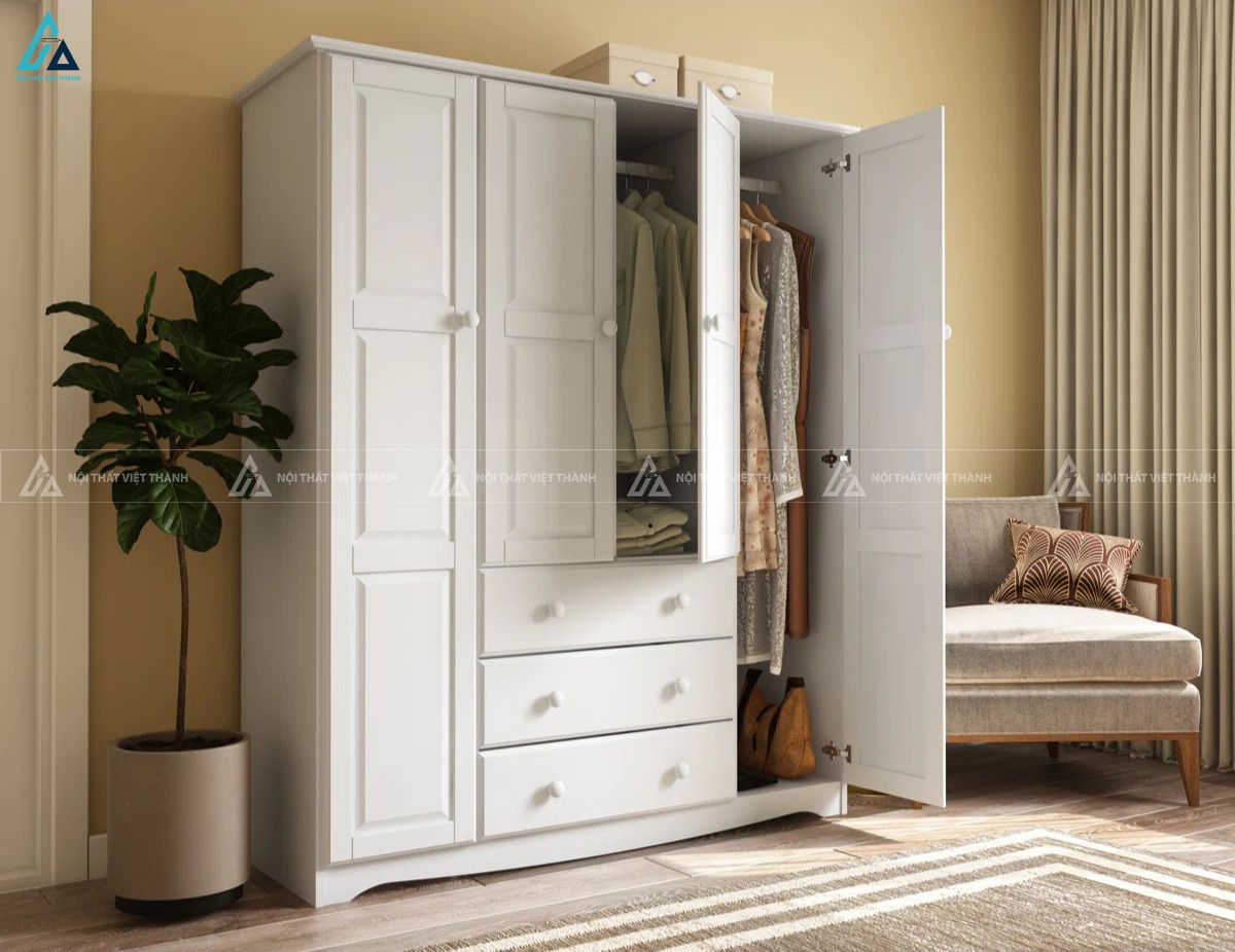 Tủ áo gỗ tự nhiên màu trắng thanh lịch phối ngăn kéo tiện dụng 1