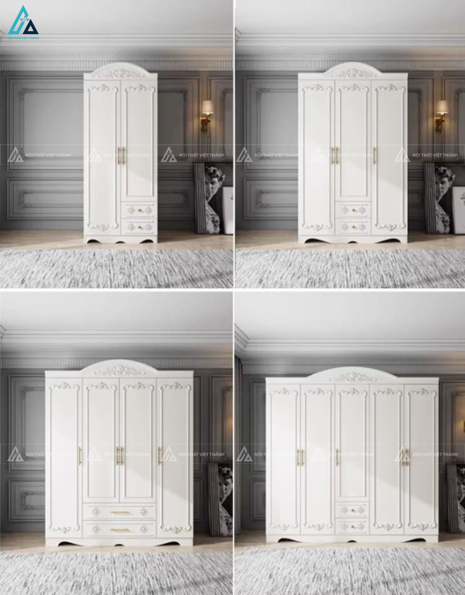 Tủ quần áo gỗ tự nhiên sơn trắng phong cách tân cổ điển sang trọng 2