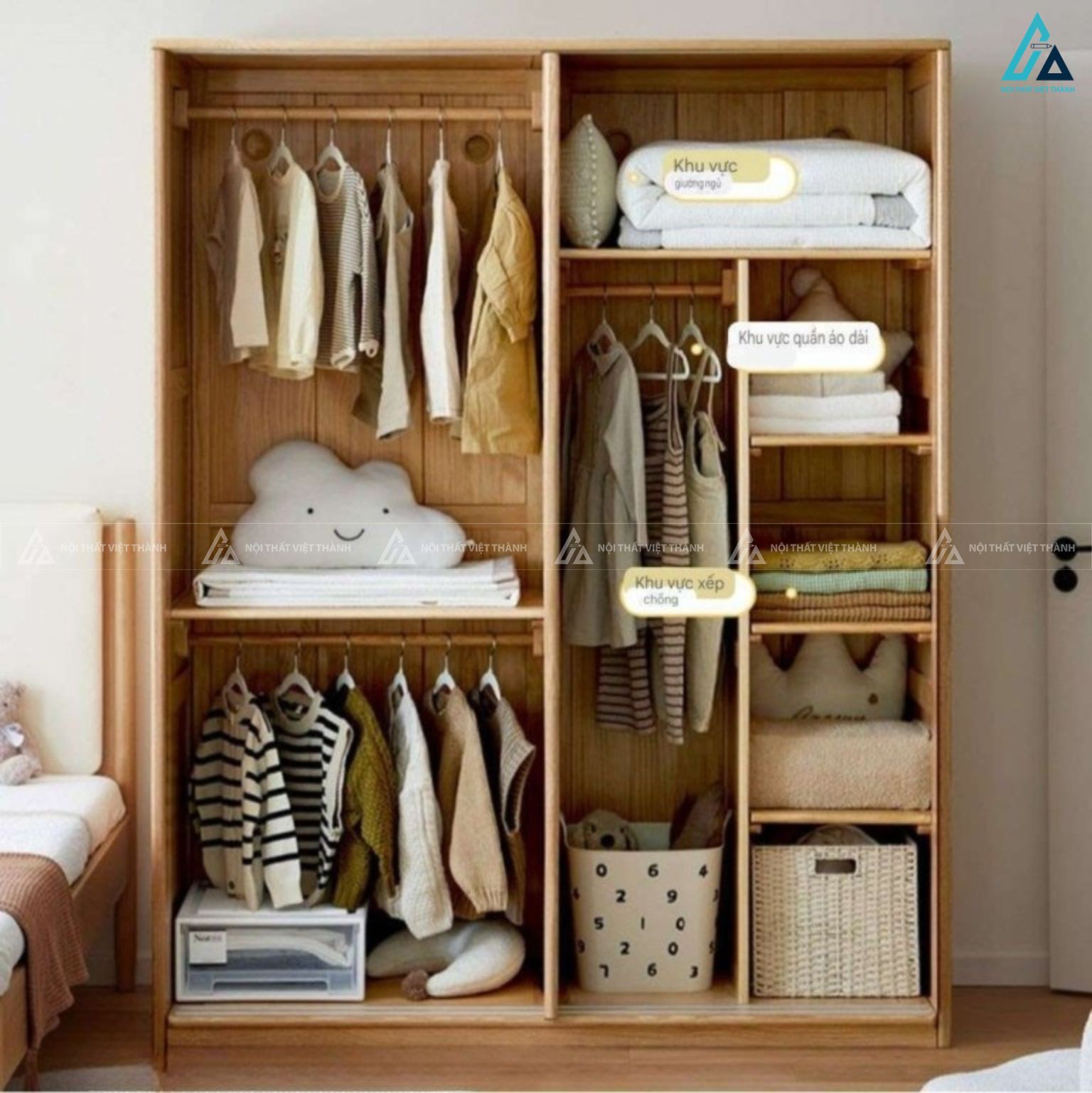 Tủ quần áo gỗ tự nhiên phong cách tối giản có kệ sách thông minh 3